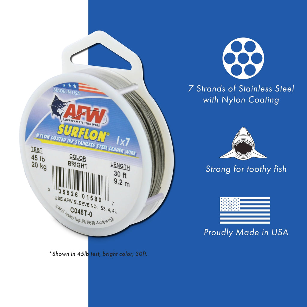 American Fishing Wire Surflon, Nylon Coated 1X7 Stainless Steel Leader Wire, 45 Lb Test, .028 Diameter, Bright, 300 Ft