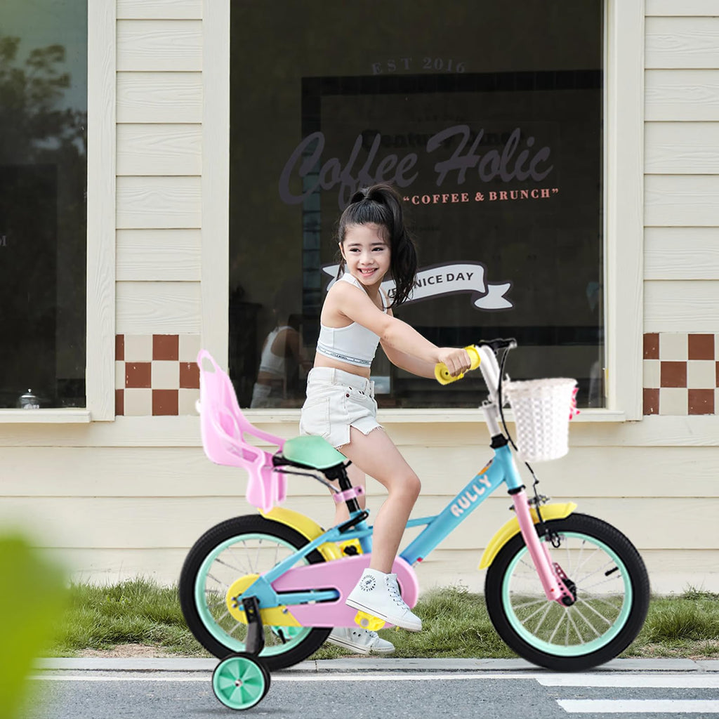 Rully Girls Bike For 2 3 4 Years Children, 12 Inch Toddler Bicycle With Training Wheels, Doll Seat, Basket, Handbrake For Girls