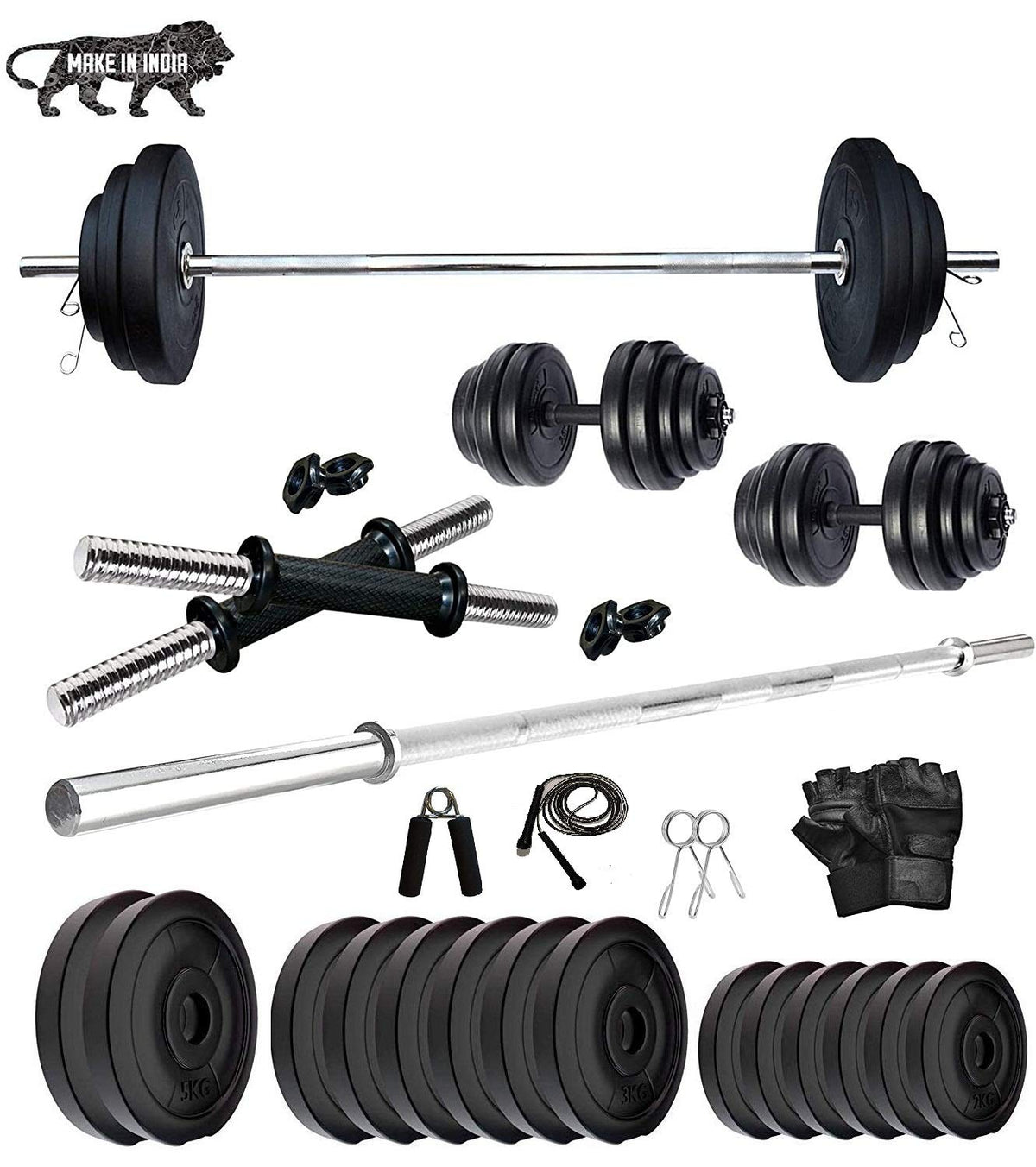 Beacon International 14 Kg Pvc Home Gym Set With 5 Feet Straight Rod With Locks, Dumbbell Rods, Gym Gloves, Hand Gripper And Ski