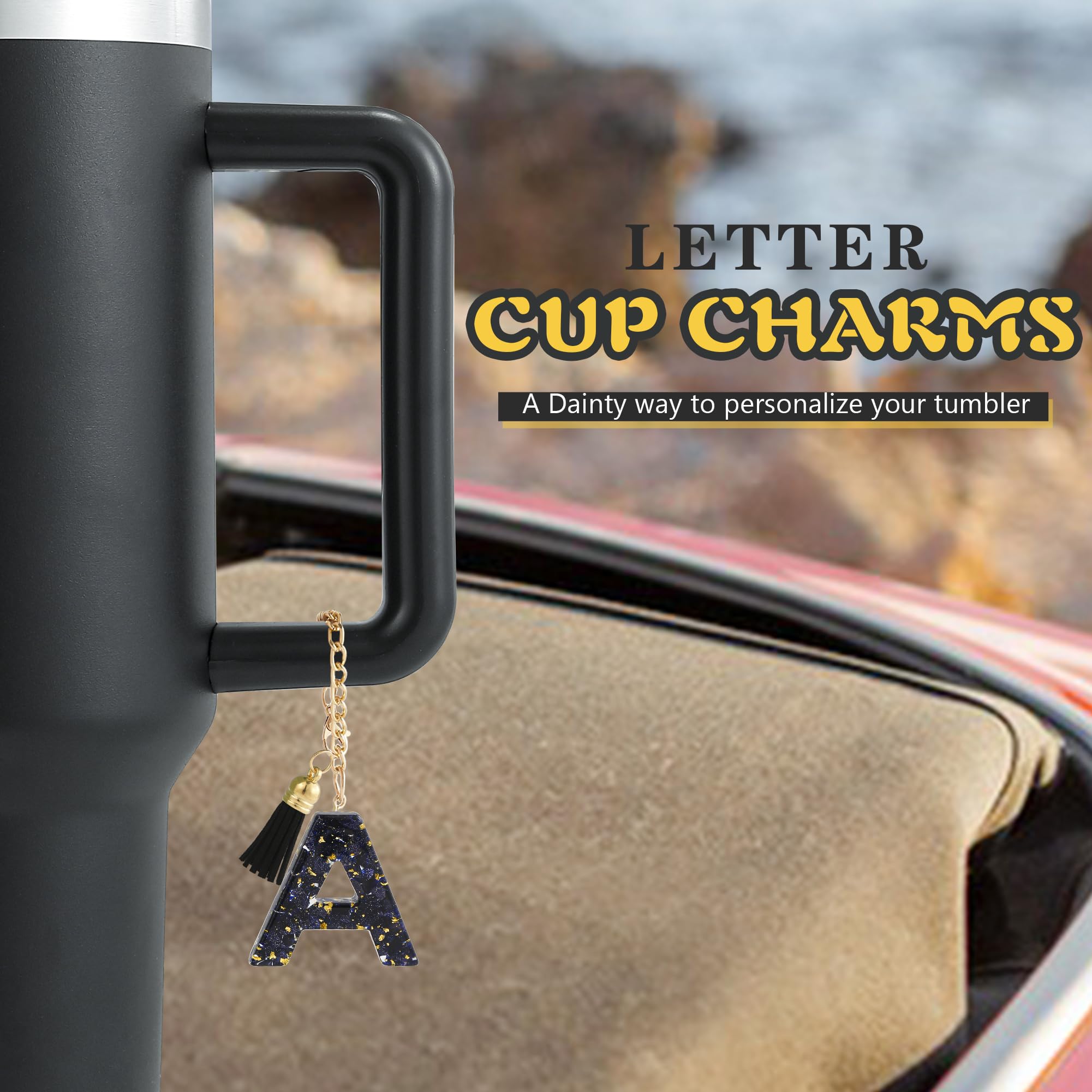 Letter Charm Accessories for Stanley Cup 1 PCS Cute Initial Keychain Handle Charm for Stanley Tumbler for Women Black Letter A