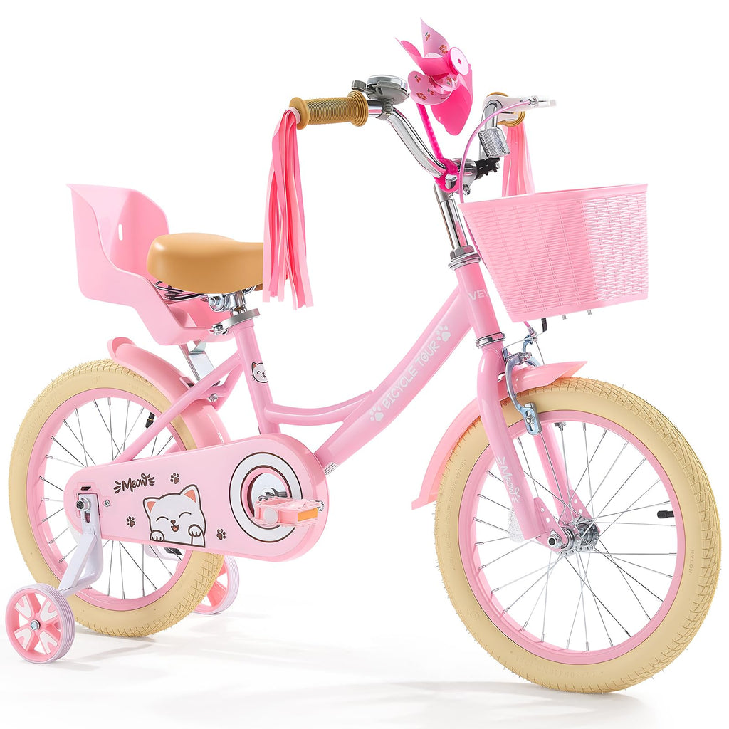 Vevor Kids Bike, 16 Inches Princess Style Children Bicycle With Streamers & Basket, Rider Height 3.28 Ft - 4.27 Ft, Doll Seat &