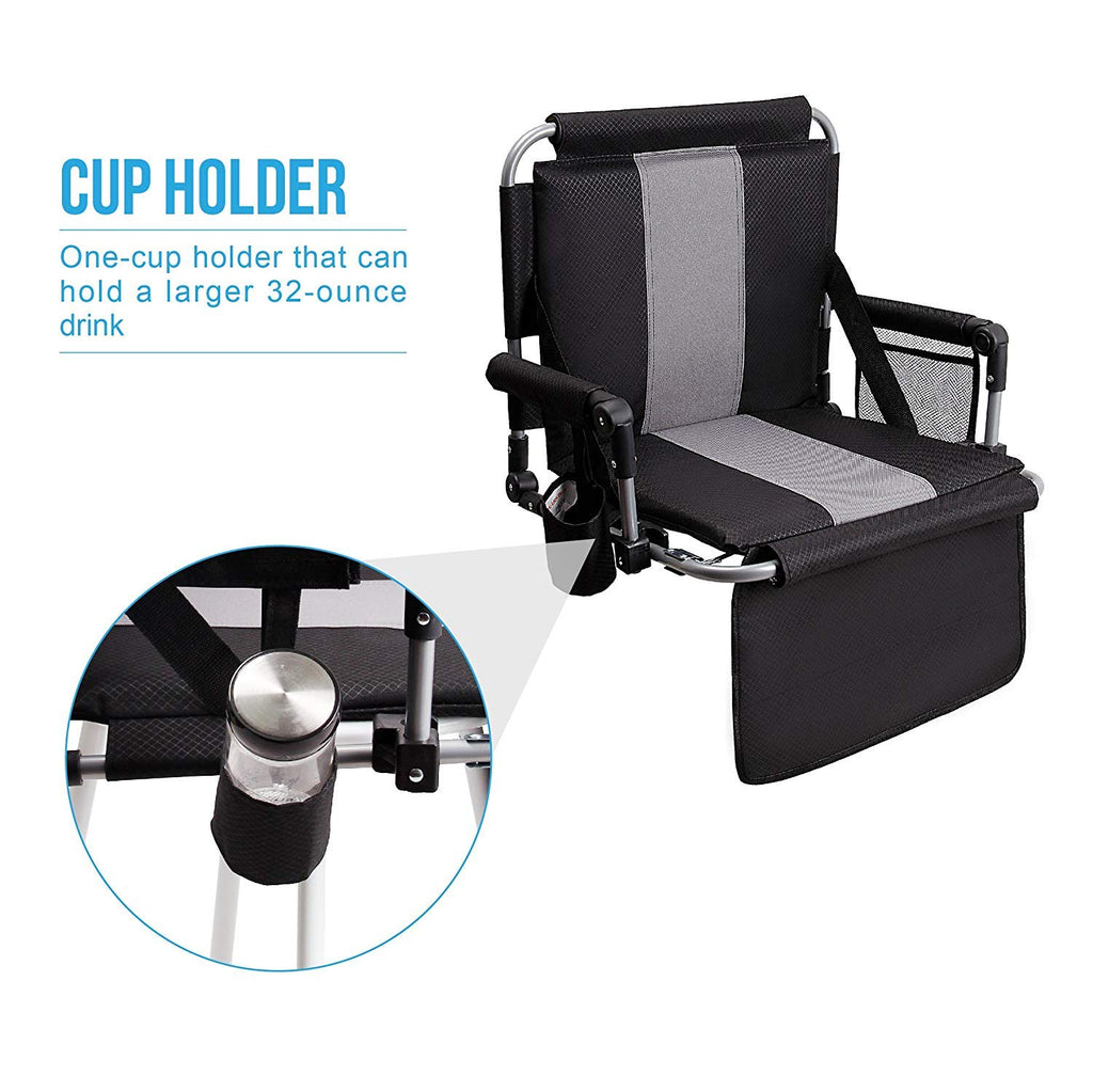 Alpha Camp Stadium Seat Chair For Bleachers With Back & Arm Rest (Black Grey)