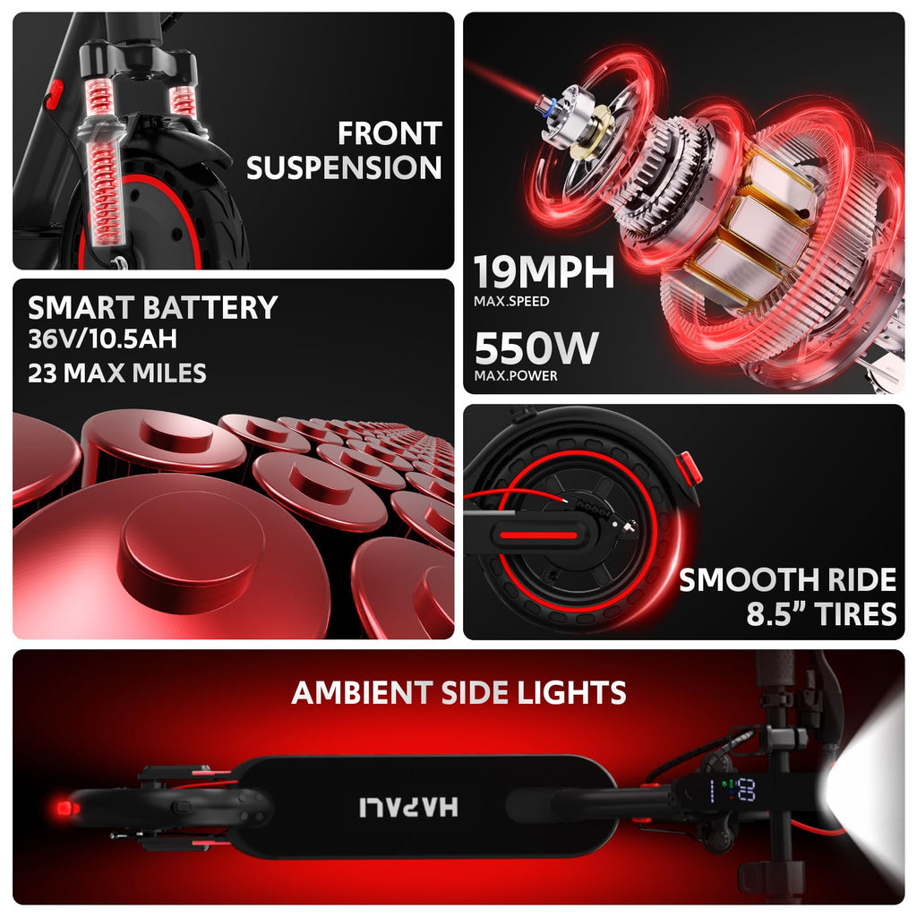 Electric Scooter Adults, Up to 23 Miles & 19 MPH, Front Suspension, Folding E-Scooter Built-in Side Lights, 550W Motor, 36V 10.5