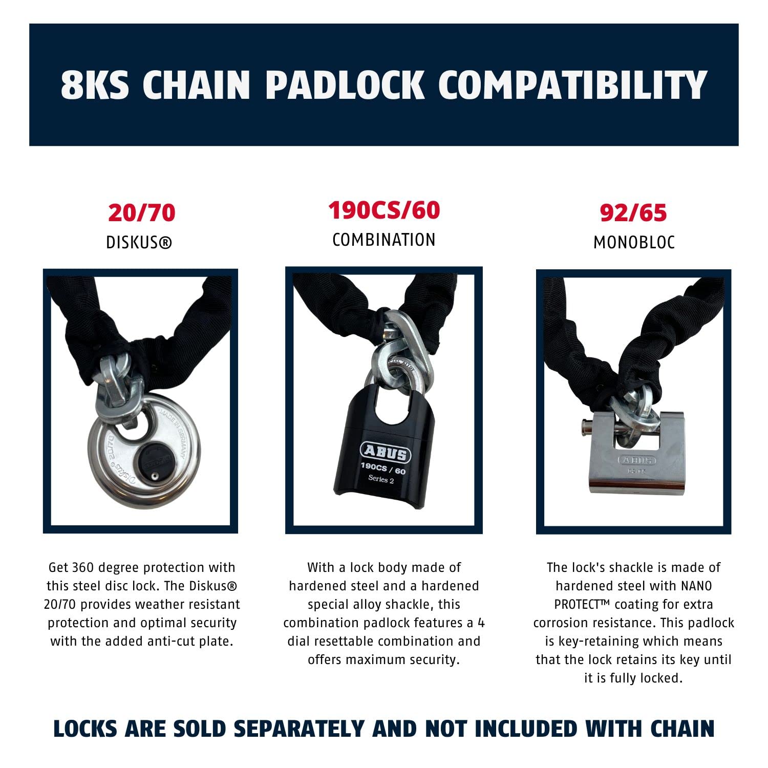 Abus Hardened Steel 8Ks 2 Foot 5/16'' Thick Square Security Chain For Bikes, Containers, Trailers, Atv'S, Motorcycles And Person