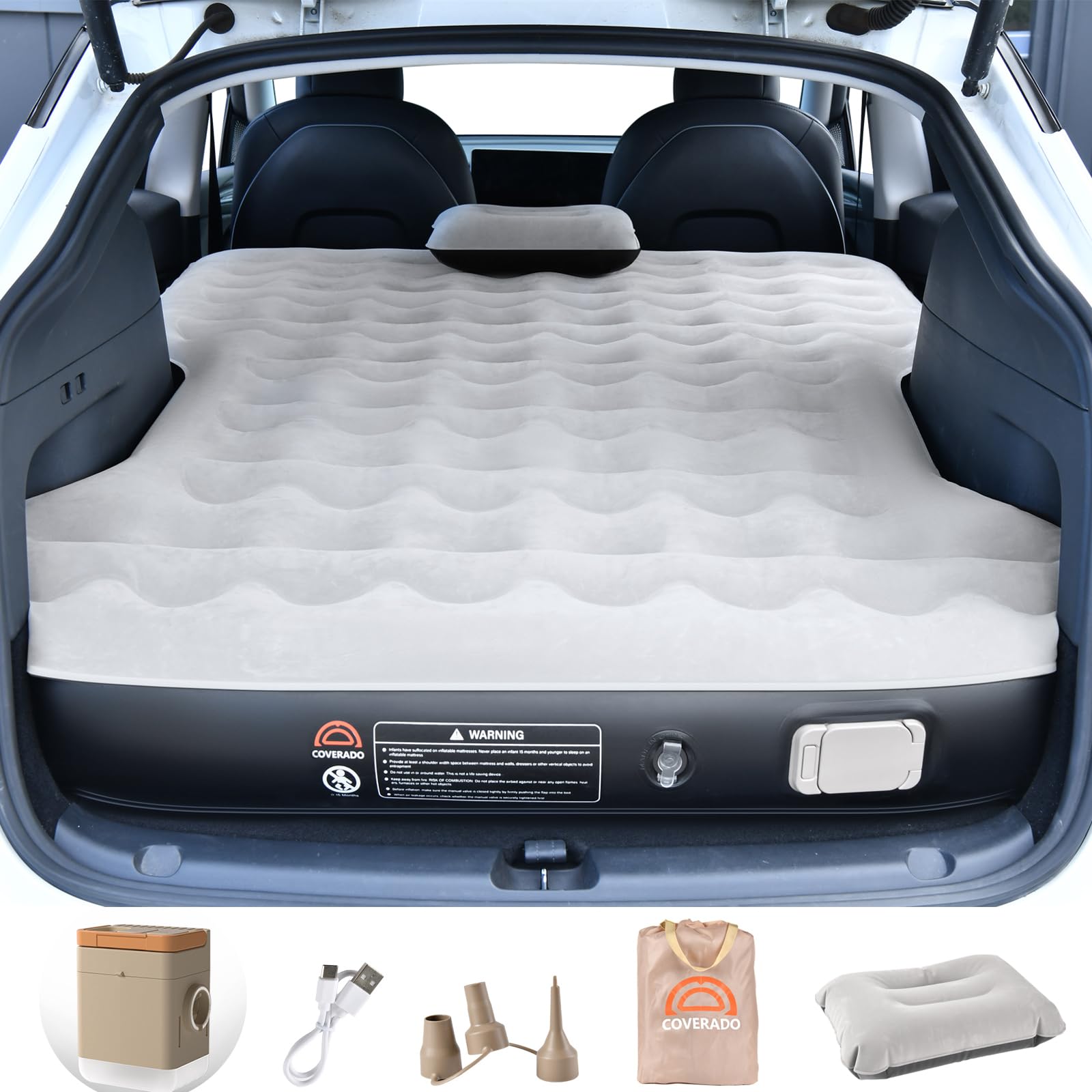 Coverado Tesla Model Y Air Mattress, One Click Self Inflating Tesla Y Sleeping Pad, Wireless Pump & Light Function, 4.5 Thick Co