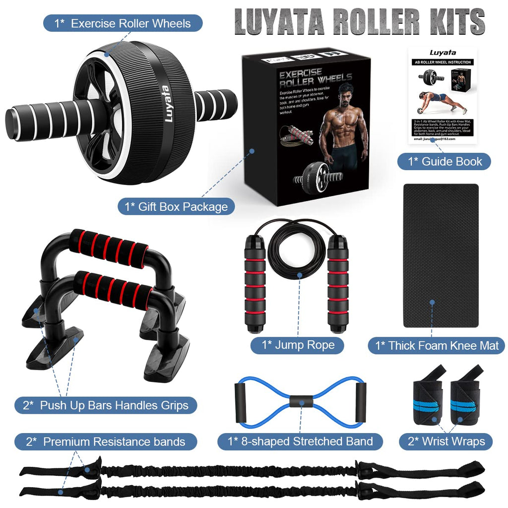 Ab Roller Wheel, 10-In-1 Ab Exercise Wheels Kit With Resistance Bands, Knee Mat, Jump Rope, Push-Up Bar - Home Gym Equipment For
