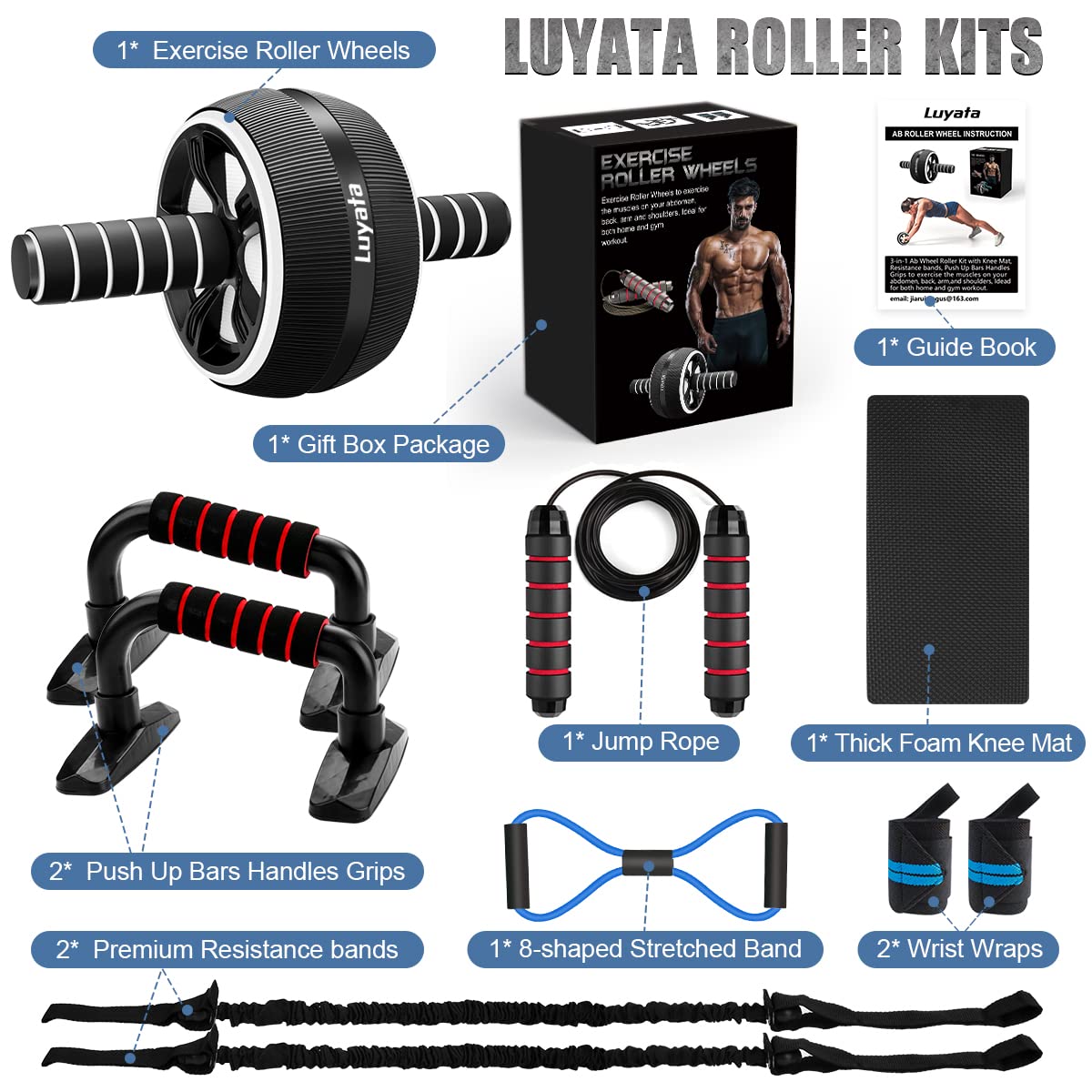 Ab Roller Wheel, 10-In-1 Ab Exercise Wheels Kit With Resistance Bands, Knee Mat, Jump Rope, Push-Up Bar - Home Gym Equipment For