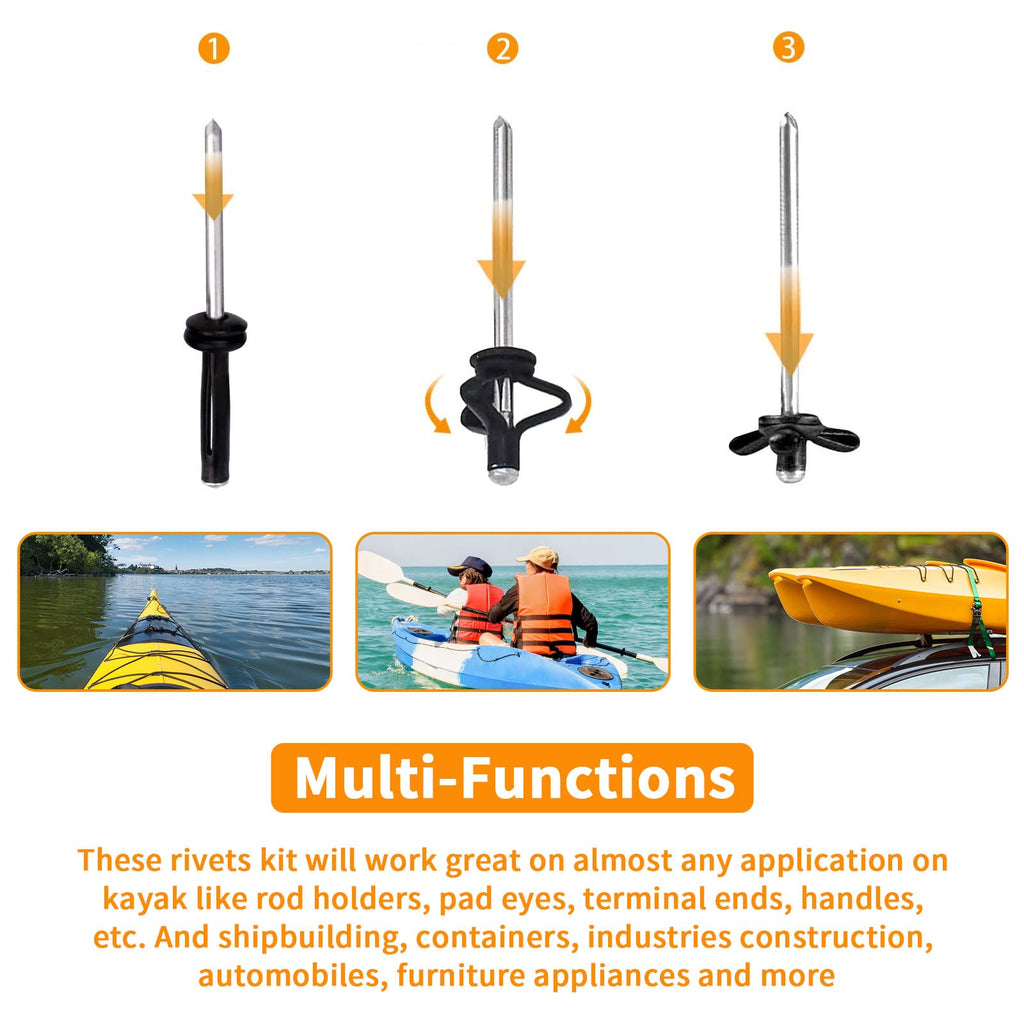 3/16'' Long Grip Tri-Grip Kayak Rivets Tri-Fold Tri Bulb Mounting Rivet With Waterproof O Rings For Deep Water Installing Kayak