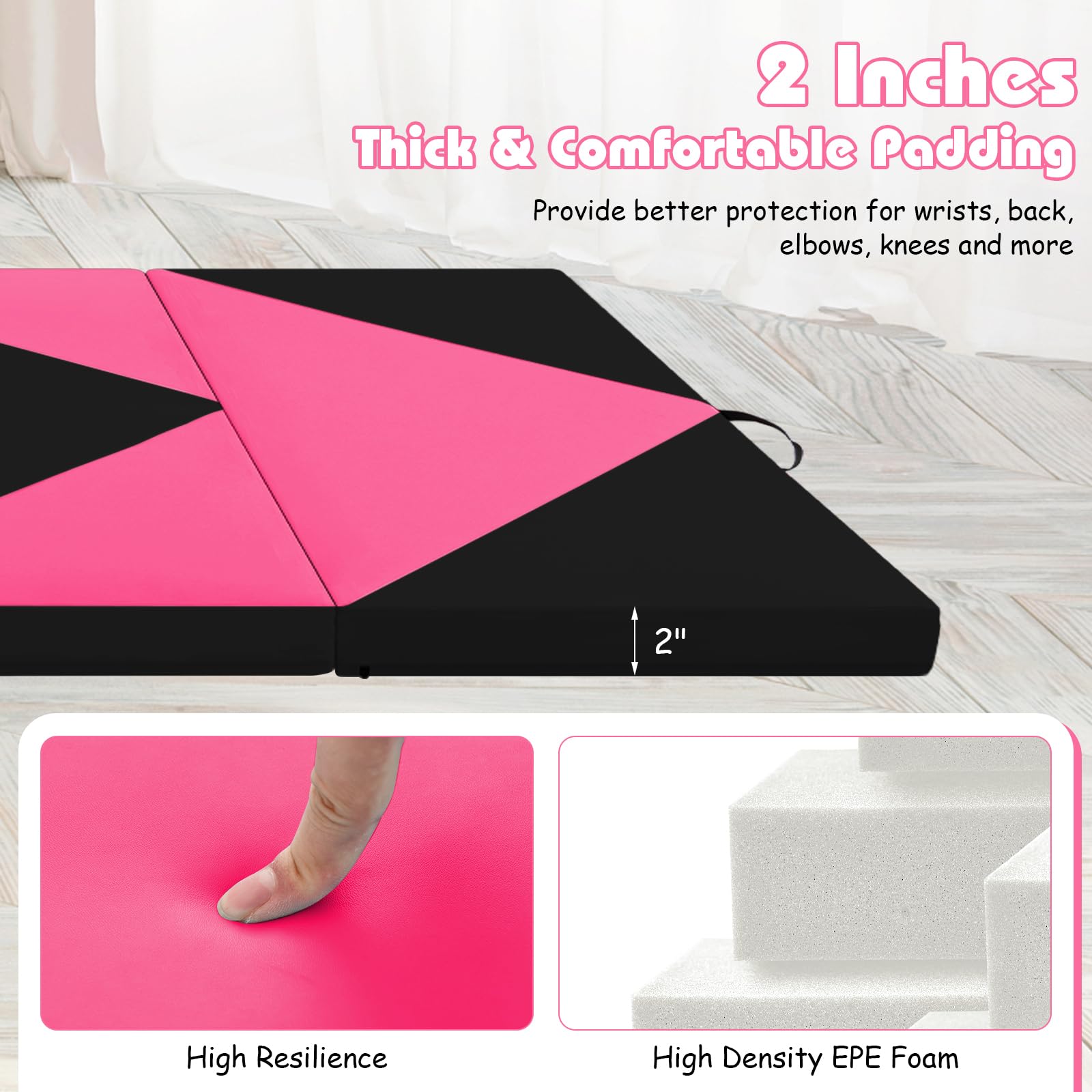 Goplus Folding Gymnastics Mat, 8 X 4 X 2'' Tumbling Mat With Hook And Loop Fasteners, Pu Leather, Carrying Handles For Home Gym