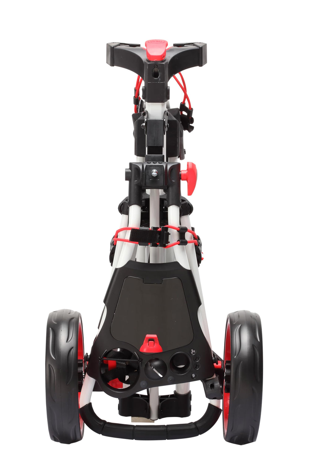 Qwik-Fold 360 Swivel 3 Wheel Push Pull Golf Cart - 360* Rotating Front Wheel - One Second To Open & Close! (White/Red)