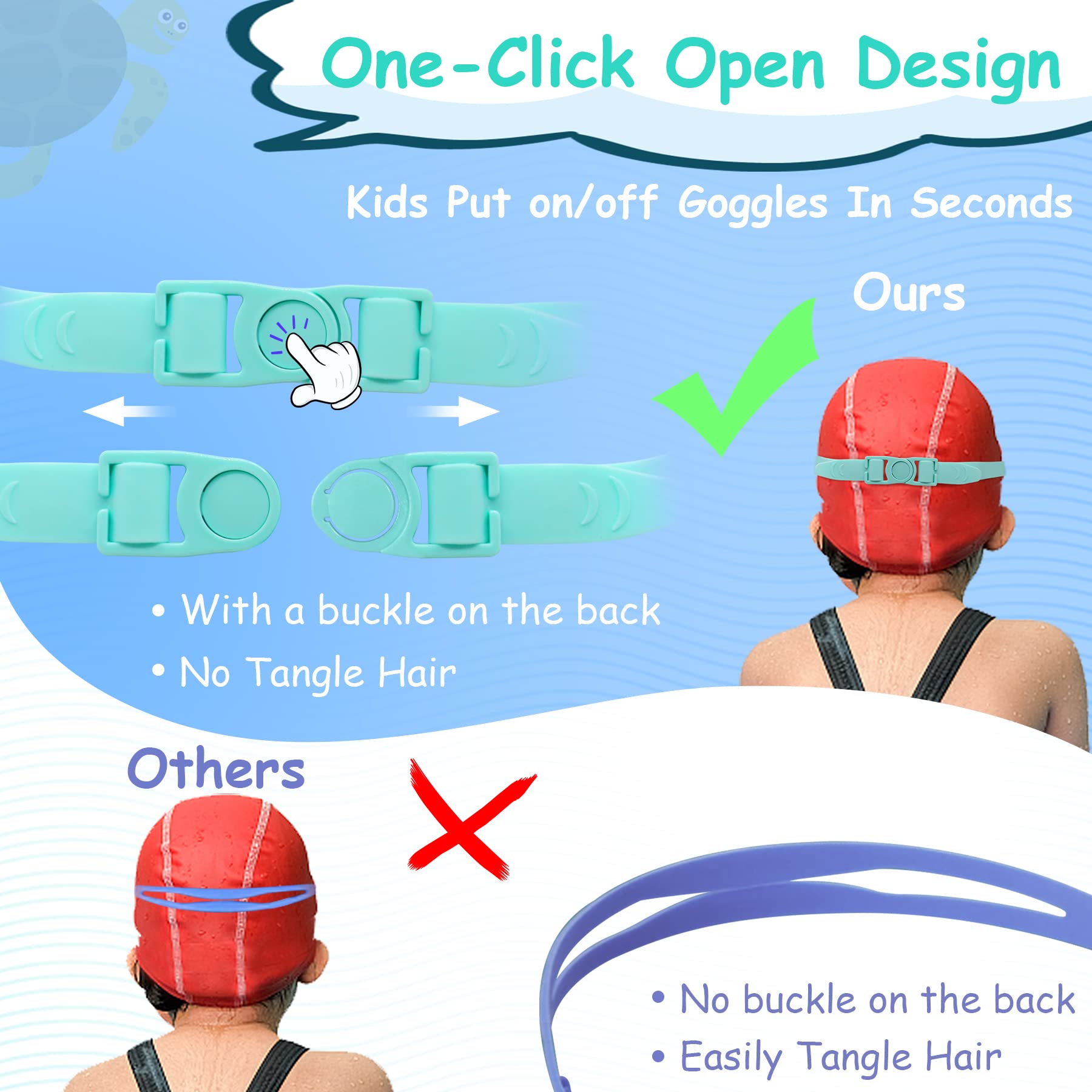 Vvinca Kids Swim Goggles, Wide View Anti-Fog Quick Adjustable Strap Swim Mask With Ear Clip Nose Clip For Children Swimming Less