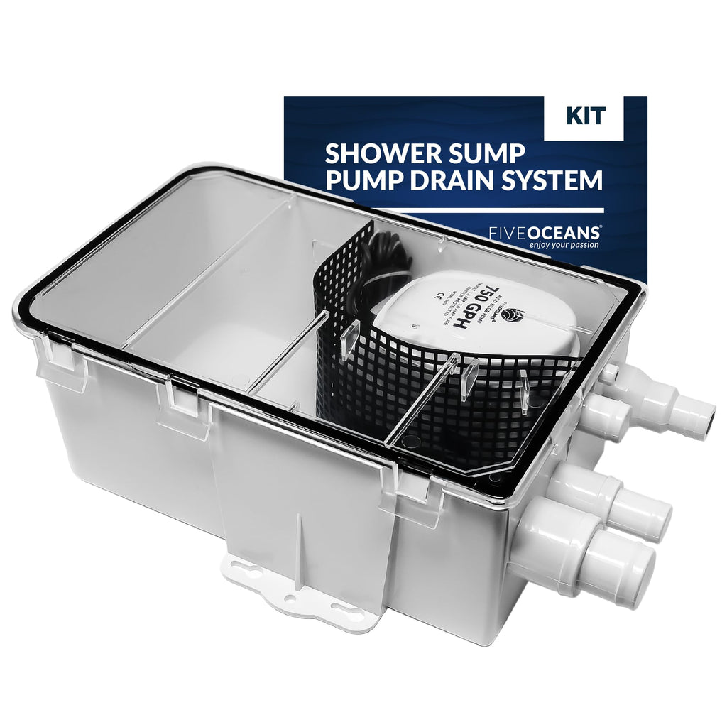 Five Oceans 750 Gph Boat Shower Sump Pump Drain System Kit, 12-Volts, Multiple Inlet Ports, Clear Cover, Check-Valve On Outlet -