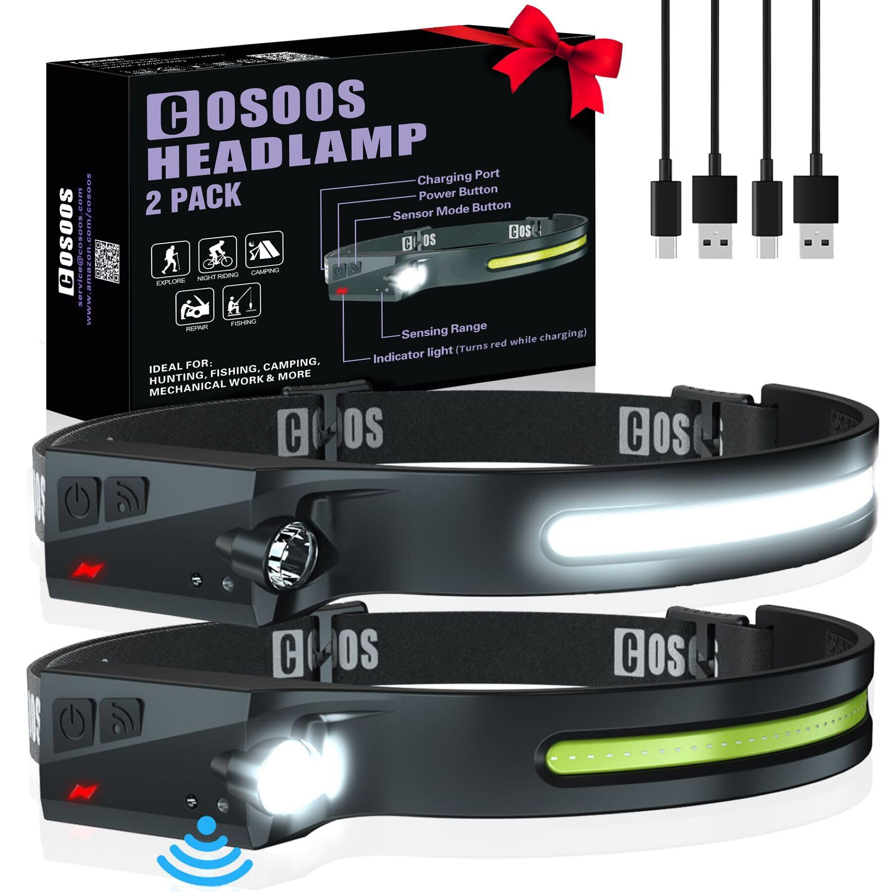COSOOS 2 LED Headlamp Rechargeable Flashlight, Bright Headlight, Adjustable Headband for Kids & Adults, 1000Lumen Wide Beam & Sp