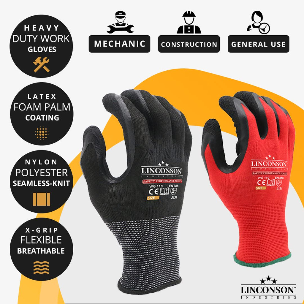 Linconson 12 Pack Safety Performance Series Construction Mechanics Work Gloves (M (120 Pairs), Black  Red)