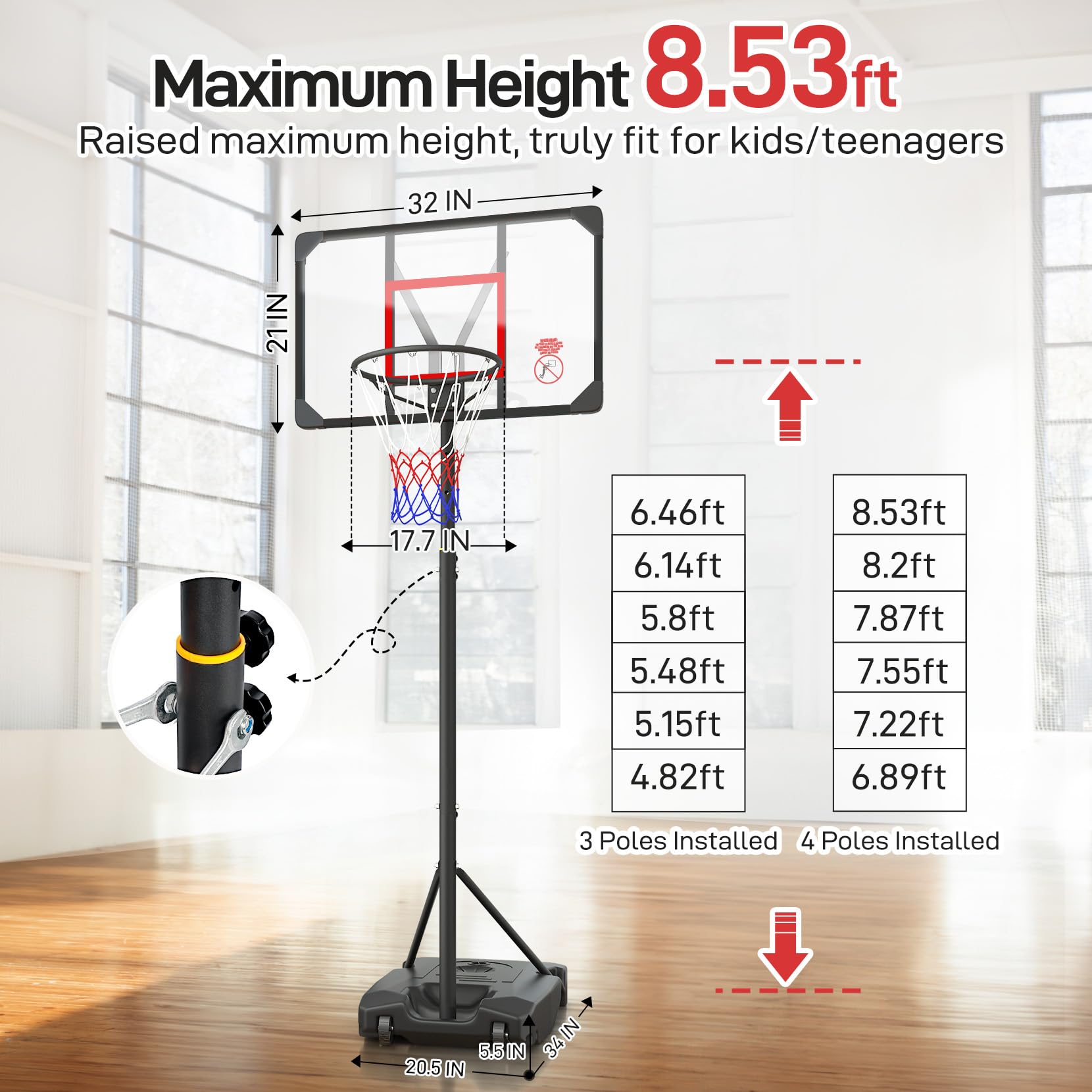 Yohood Kids Basketball Hoop Outdoor 4.82-8.53ft Adjustable, Portable Basketball Hoops & Goals for Kids/Teenagers/Youth in Backya