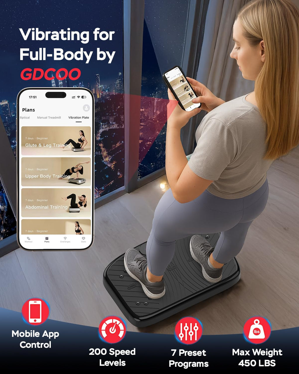 GDCOO Vibration Plate Exercise Machine with App Control, Smart Vibration Plate for Lymphatic Drainage, Adjustable Speed 1-200 Fu