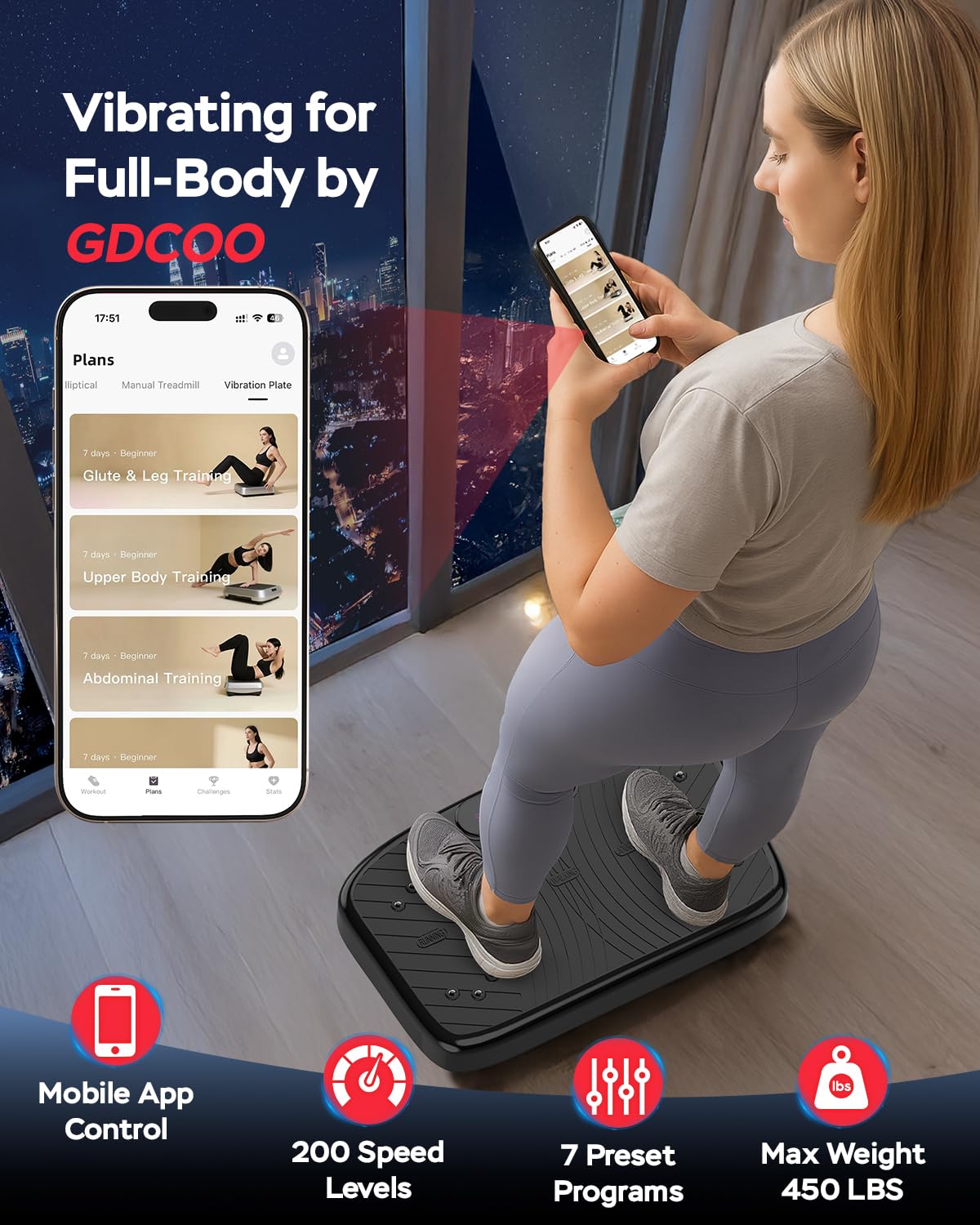 GDCOO Vibration Plate Exercise Machine with App Control, Smart Vibration Plate for Lymphatic Drainage, Adjustable Speed 1-200 Fu