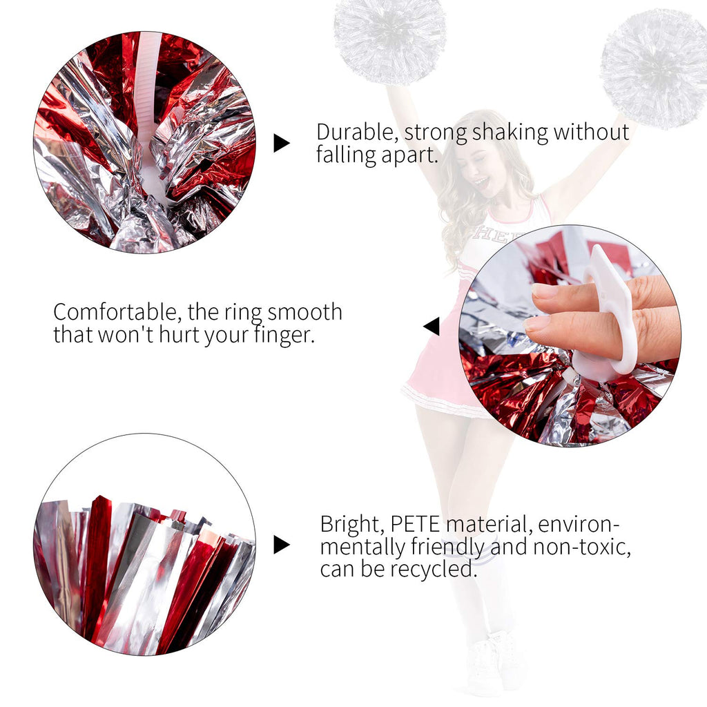 Pack Of 4 Cheerleading Pom Poms Foil Plastic Metallic Cheerleader Pom Poms For Cheer Sport Kids Adults Team Spirit Cheering (Red