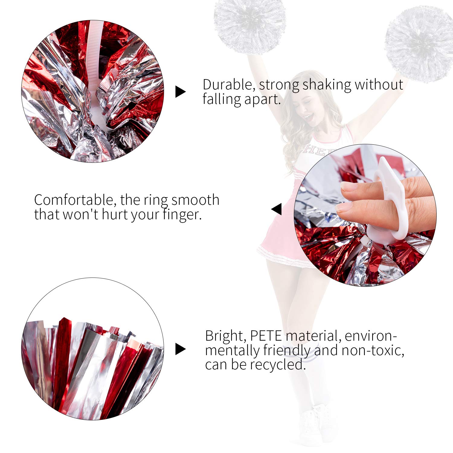 Pack Of 4 Cheerleading Pom Poms Foil Plastic Metallic Cheerleader Pom Poms For Cheer Sport Kids Adults Team Spirit Cheering (Red