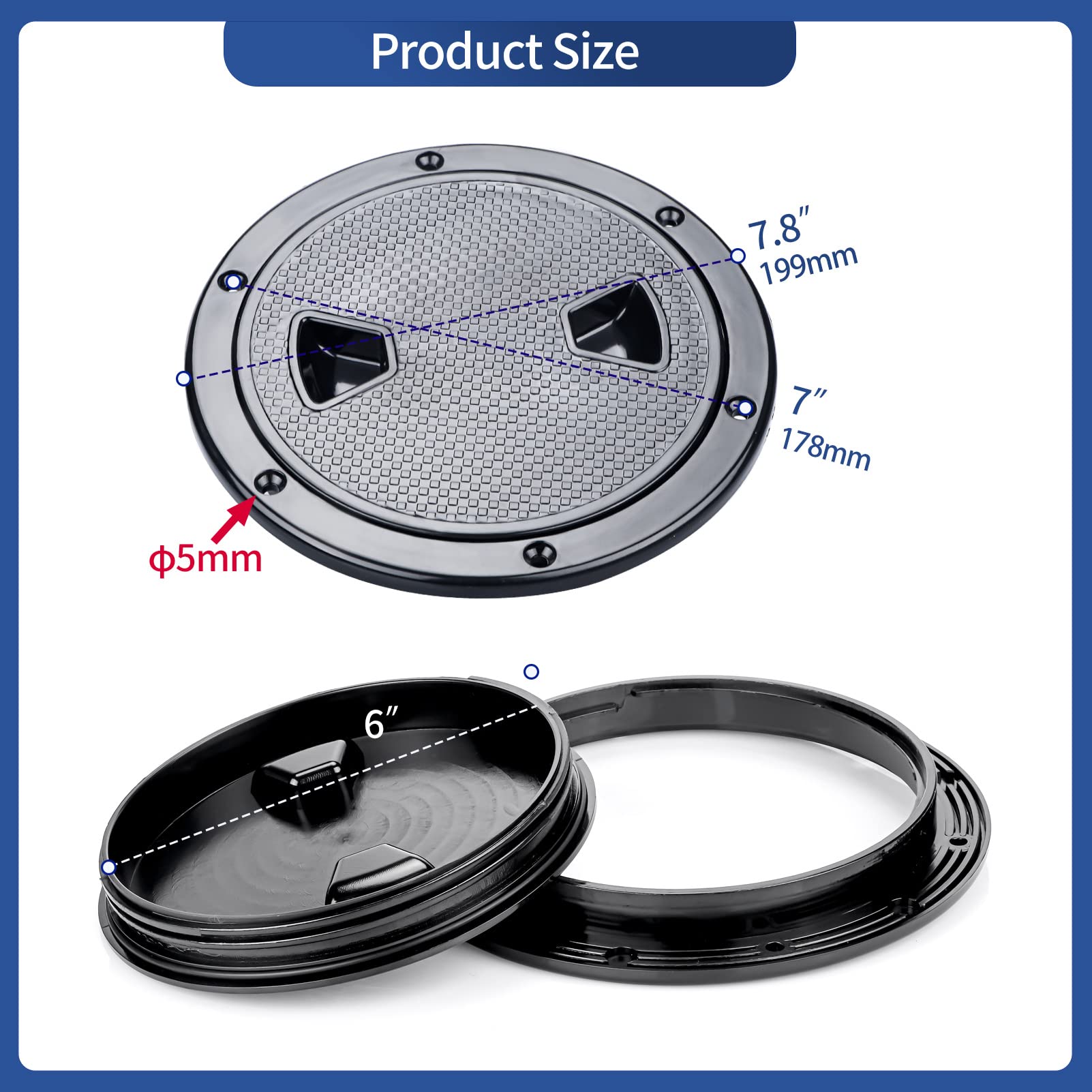 Smartmarine 6 Inch Boat Hatch Cover Black Round Non Slip Inspection Hatch W/Detachable Cover 4'' 6'' 8'' (6'')
