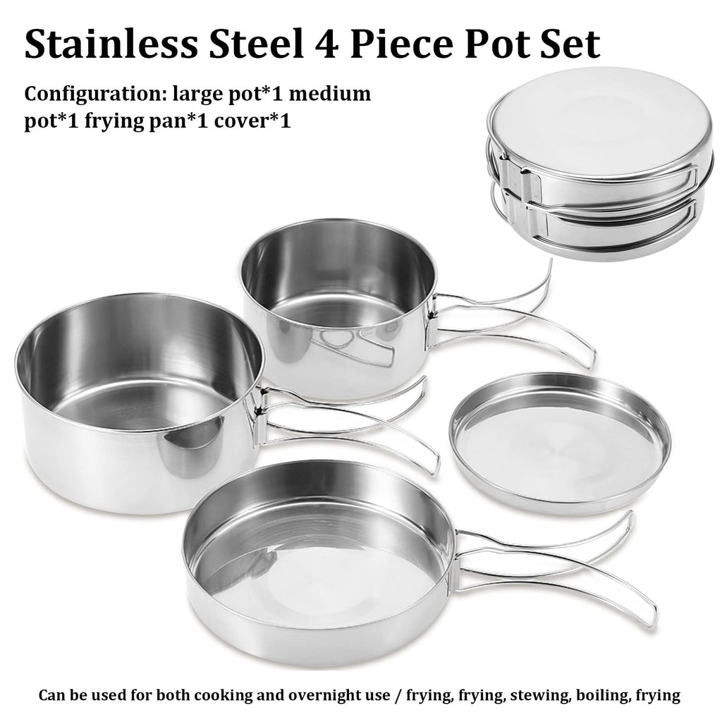 Camping Pots Pans, 4Pcs Portable Foldable Stainless Steel Combination Pot Cookware Set Camping Kitchenware Picnic Outdoor Pan Po