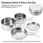Camping Pots Pans, 4Pcs Portable Foldable Stainless Steel Combination Pot Cookware Set Camping Kitchenware Picnic Outdoor Pan Po