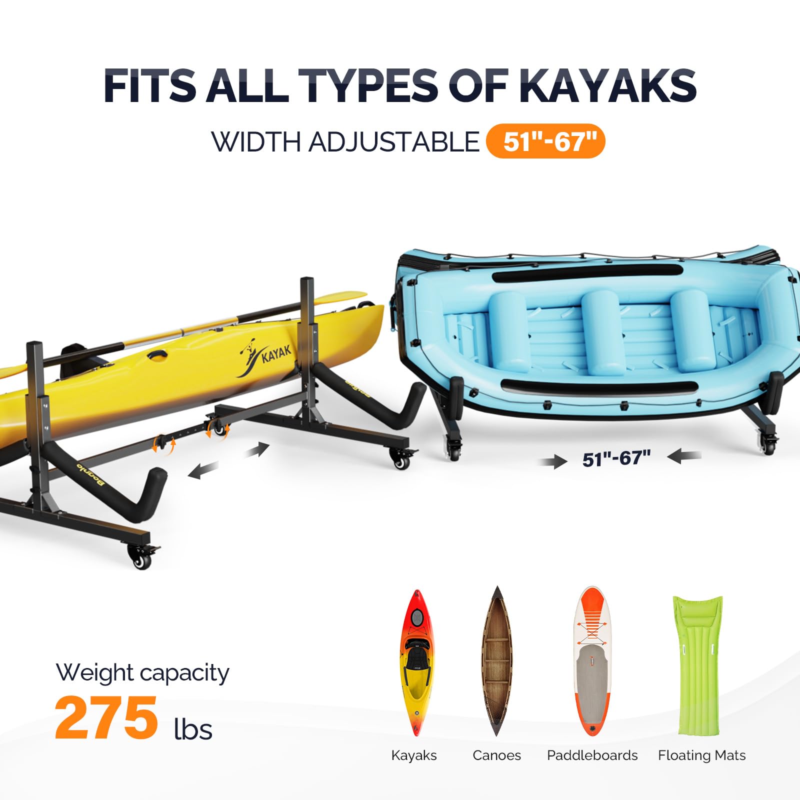 Bonnlo Freestanding Kayak Stand for Canoe, Boat, Paddle Board, SUP, Surfboard - Indoor/Outdoor Storage, Lockable Wheels, Adjusta