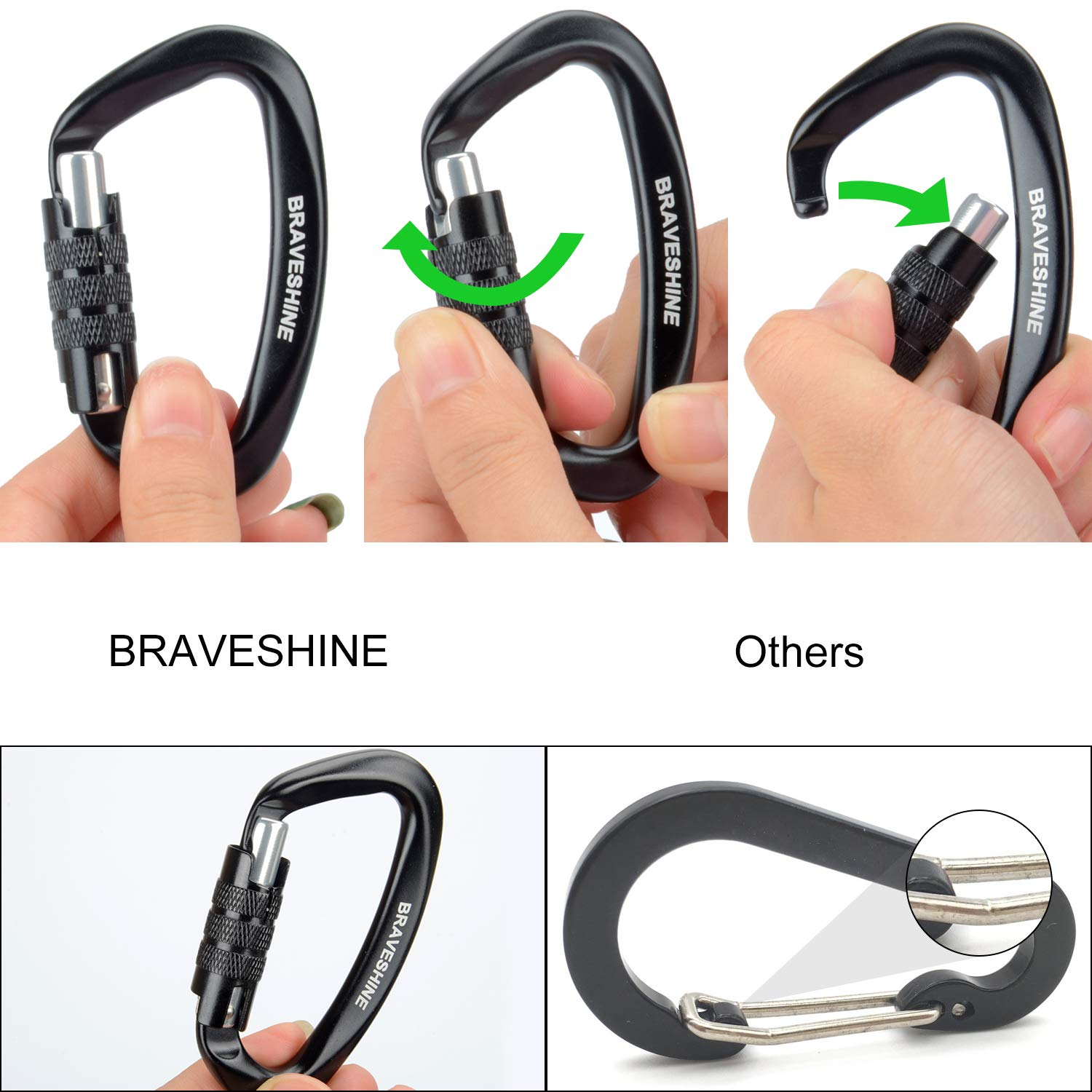 Heavy Duty Carabiner Clips 12Kn Aluminum D Ring Auto Locking Caribeaner Hooks