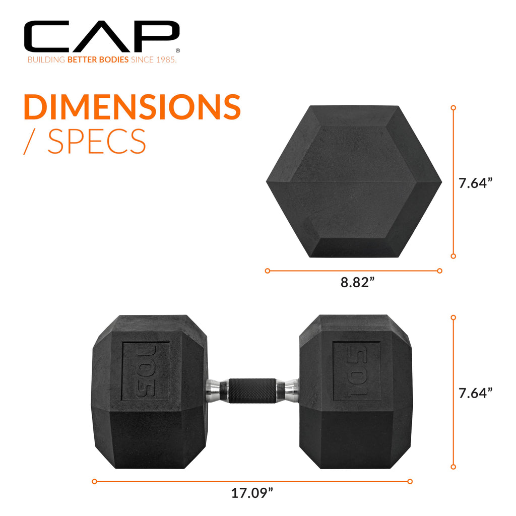 CAP Barbell 105 LB Rubber Coated Hex Dumbbell Hand Weight with Padded Grip - Pair | Comfort Grip