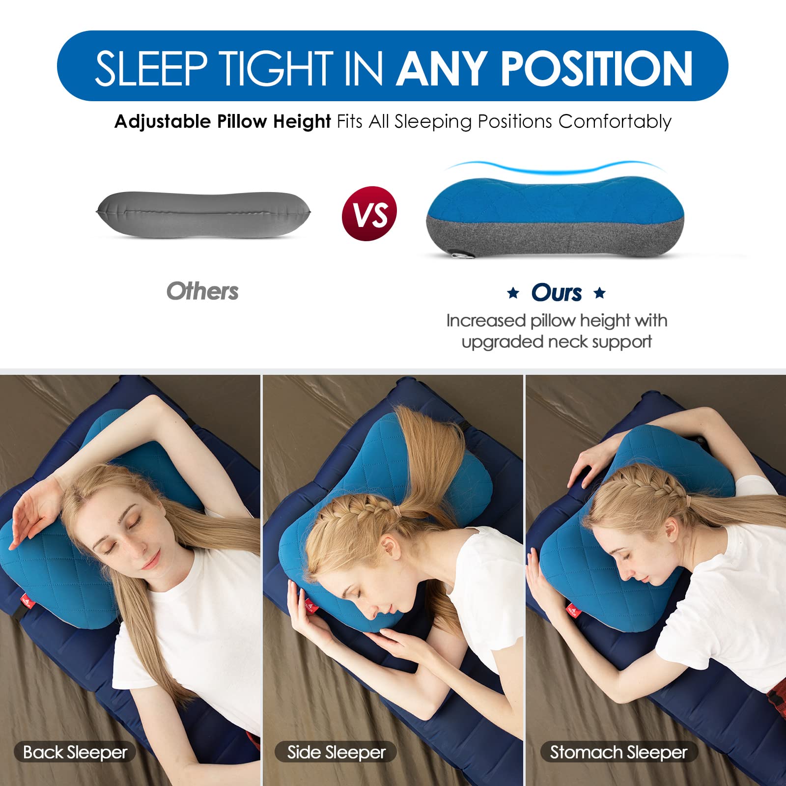 Hikenture Ultralight Inflatable Washable Pillow With Removable Cover For Neck Lumber Support - Upgrade Backpacking Pillow For Ca