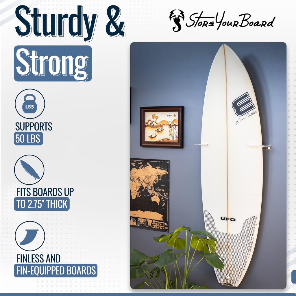 Storeyourboard Floating Surfboard Wall Mount, Clear Acrylic Surf Board Display, Indoor Surfboard Wall Decor, Vertical Surfboard