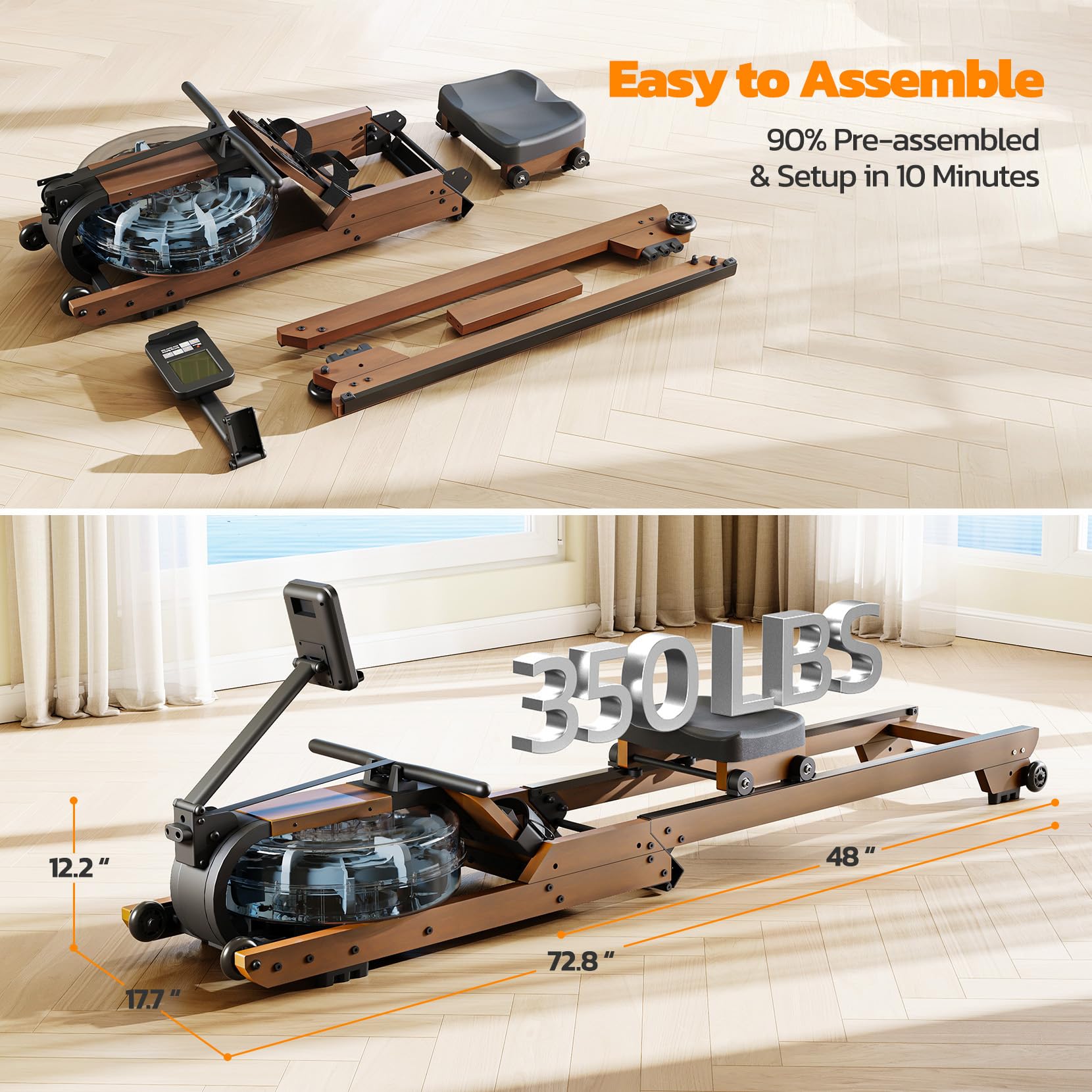 Dripex Rowing Machines For Home Foldable, Water Rowing Machine Max 350 Lbs, Water Rower With Smooth Slide Rail, Comfortable Seat
