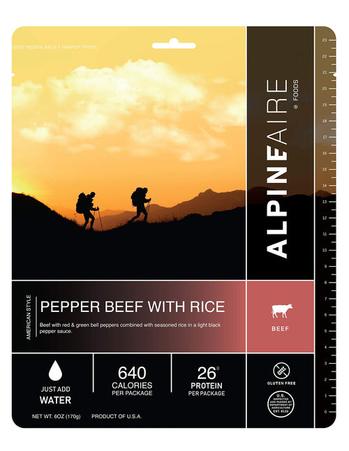 Alpine Aire Foods Pepper Beef with Rice Freeze-Dried/Dehydrated Entr  e Meal Pouch, Just-add-Water, 2-Servings per Pouch, Gluten