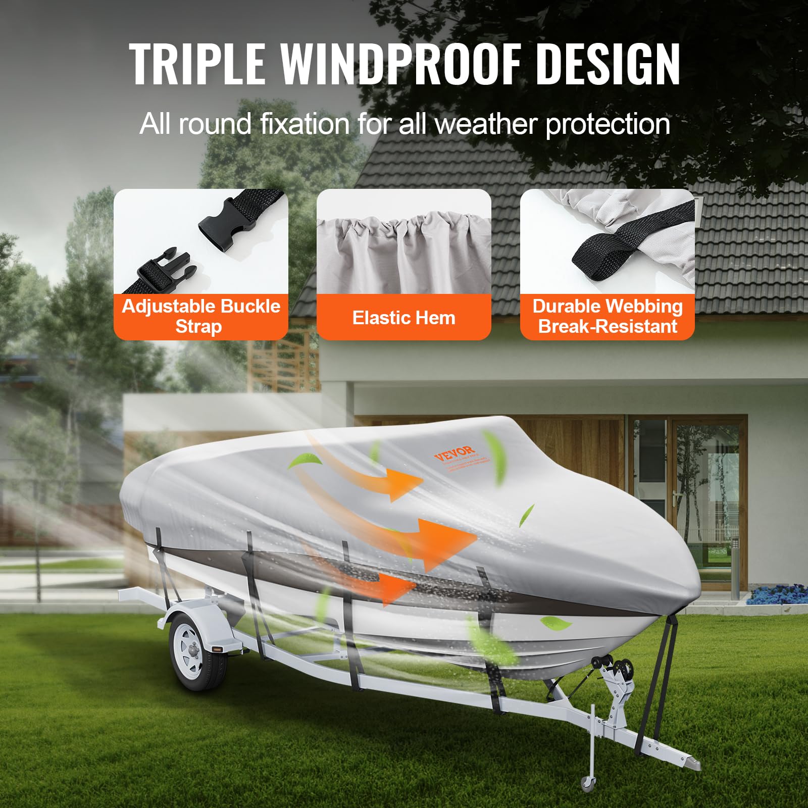 Vevor Boat Cover, 16'-18.5' Trailerable Waterproof Boat Cover, 600D Marine Grade Pu Oxford, With Motor Cover And Buckle Straps,