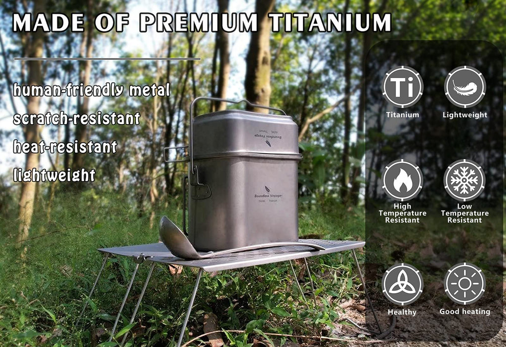 Boundless Voyage Titanium Mess Kit Hanging Pot Cup With Lid Folding Handles Outdoor Camping Cooking Set Ultralight Portable Tabl