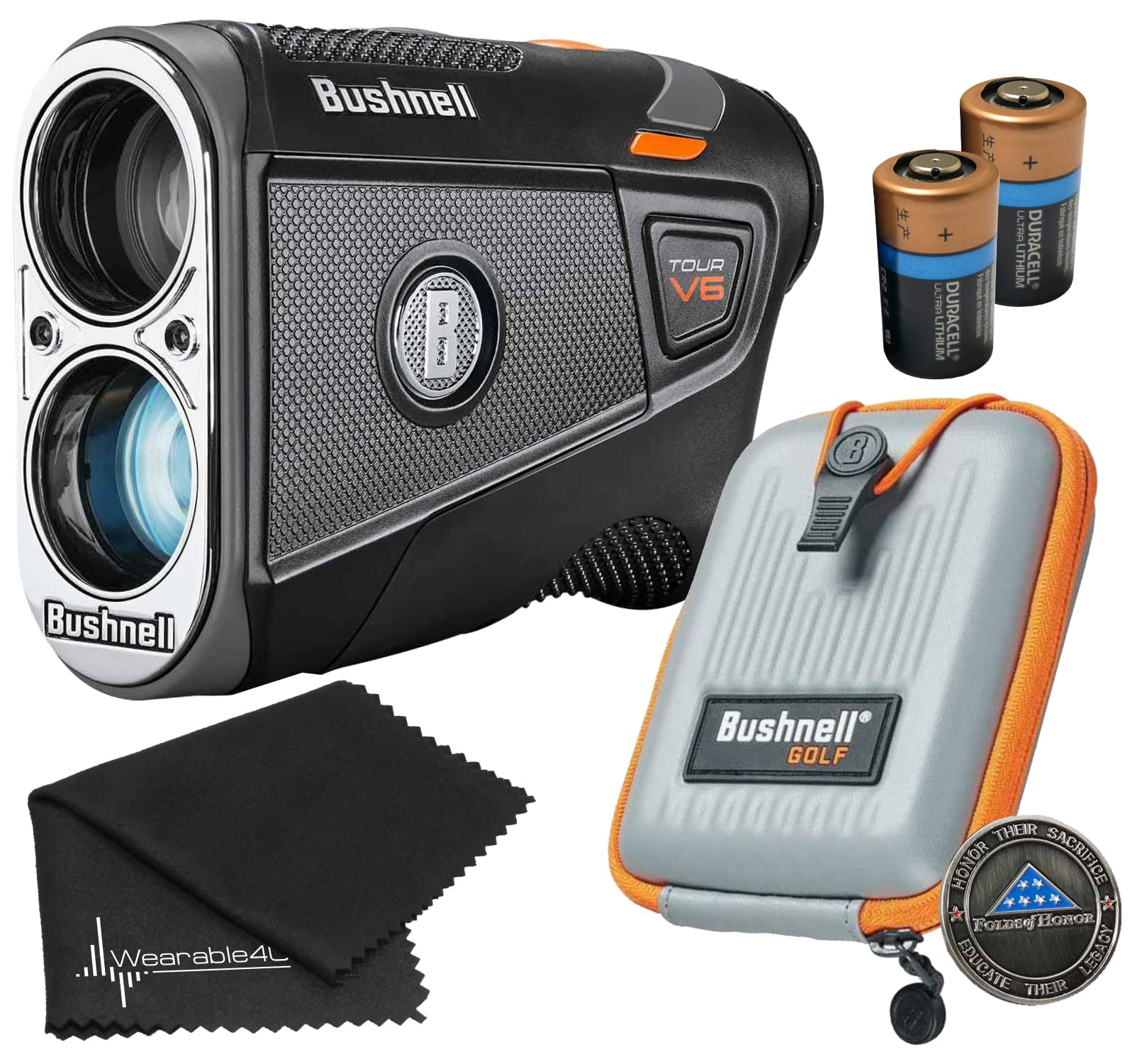 Bushnell Tour V6 Patriot Pack Laser Golf Rangefinder With Carrying Case, Wearable4U Lens Cloth, And 2X Cr2 Batteries Bundle