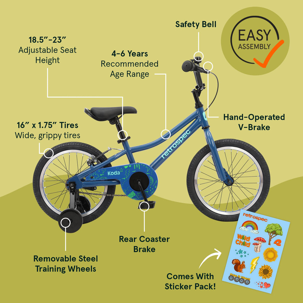 Retrospec Koda 16in Kids Bike with Training Wheels - Adjustable Height Beginner Bicycle for Ages 4-6 - Dual Brake System, Safety
