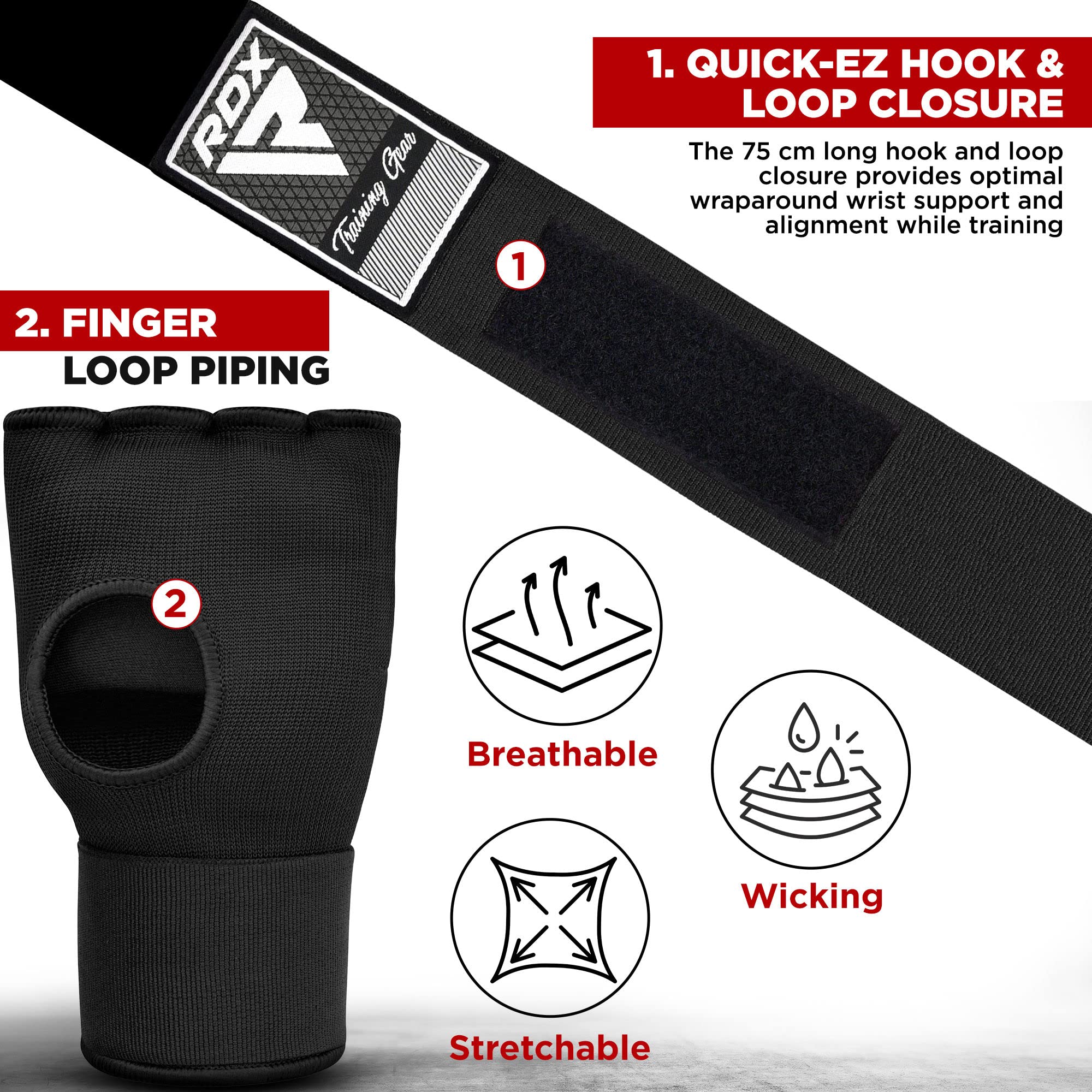 Rdx Training Boxing Inner Gloves Hand Wraps Mma Fist Protector Bandages Mitts, Medium, Black