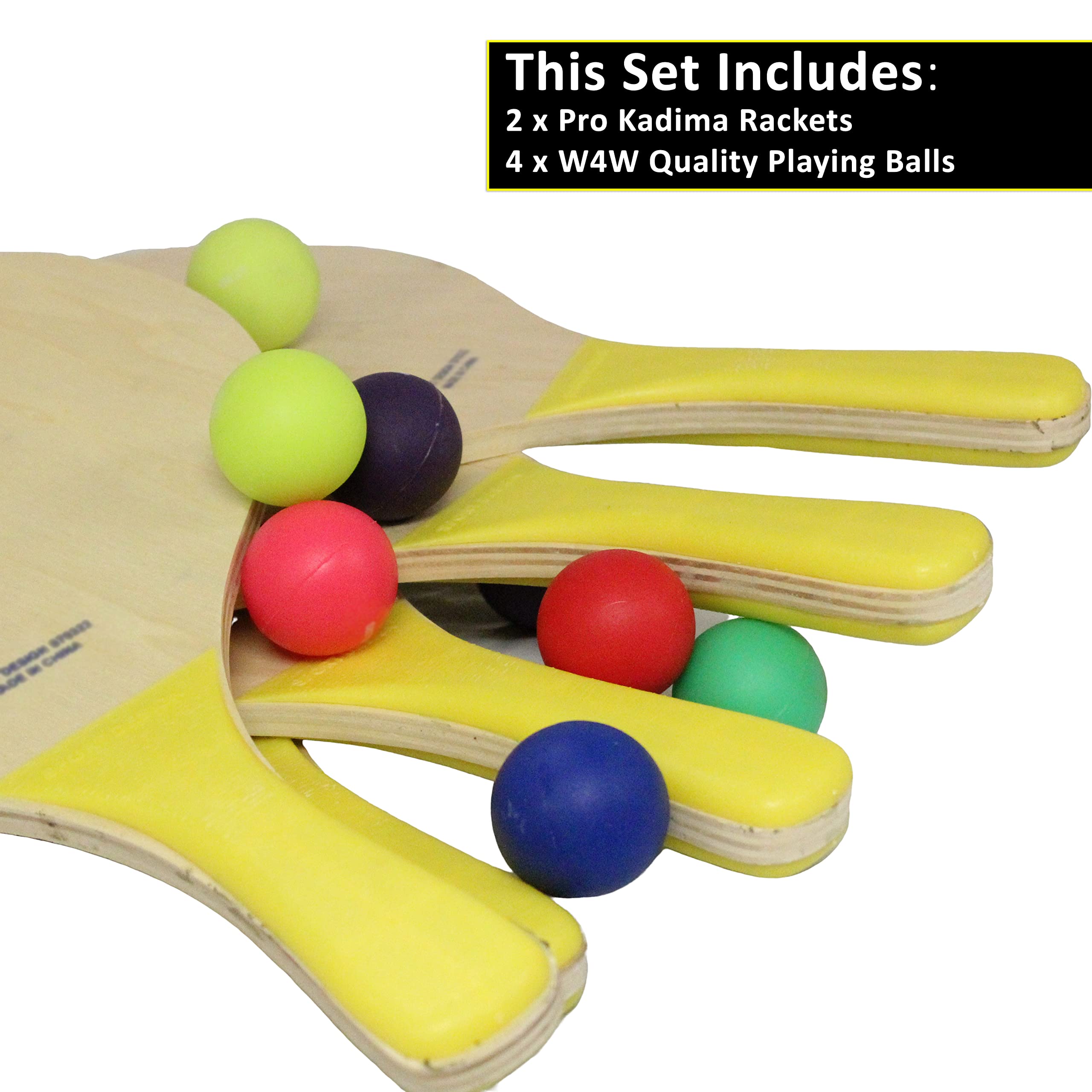 W4W Kadima Beach Paddle Ball Racket Set - Bundle Pack Includes 4 Balls & 2 Paddles - Natural