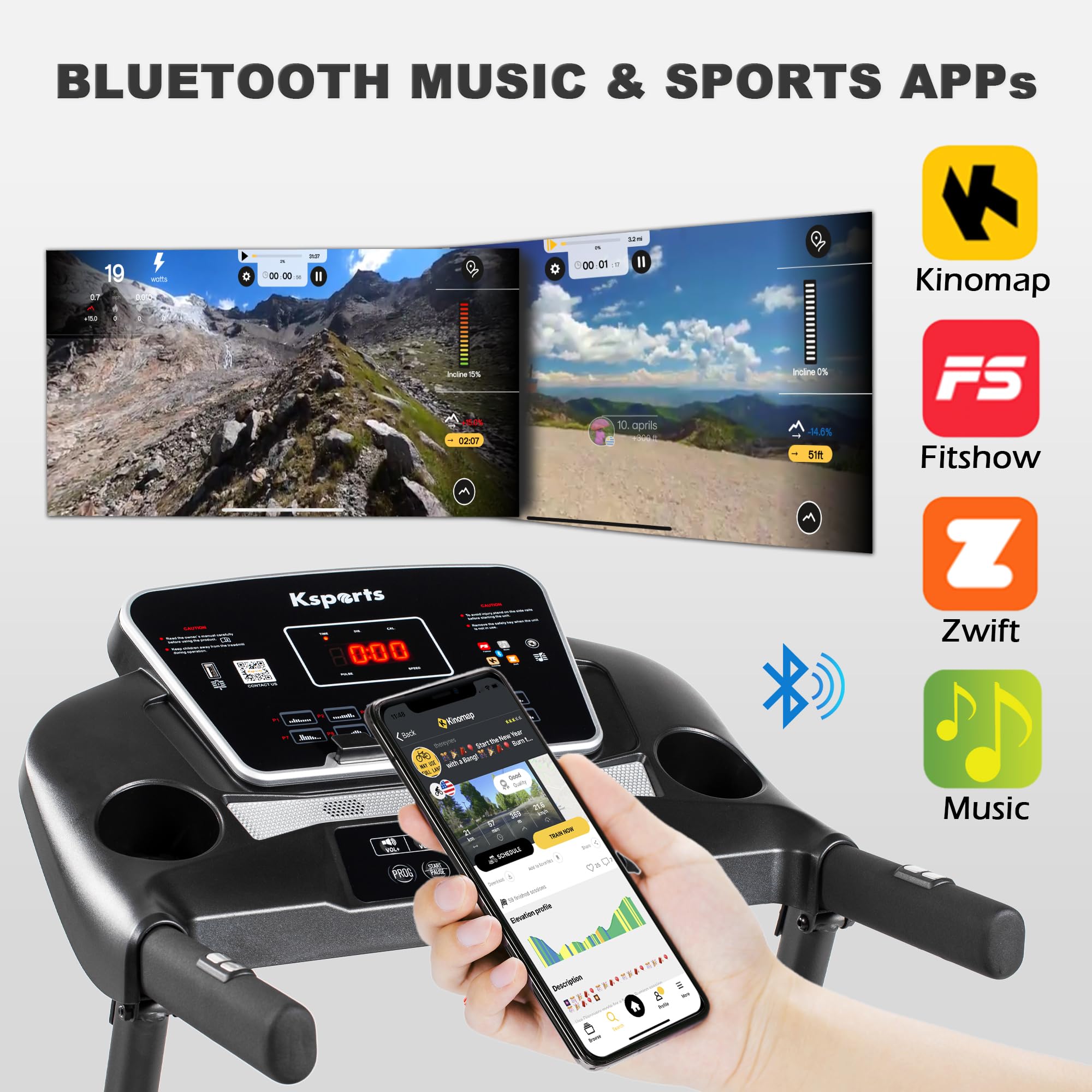 Ksports Foldable 16 Inch Portable Wide Fitness Treadmill With Bluetooth Connectivity, Lcd Progress Display, And Tracking Apps Fo