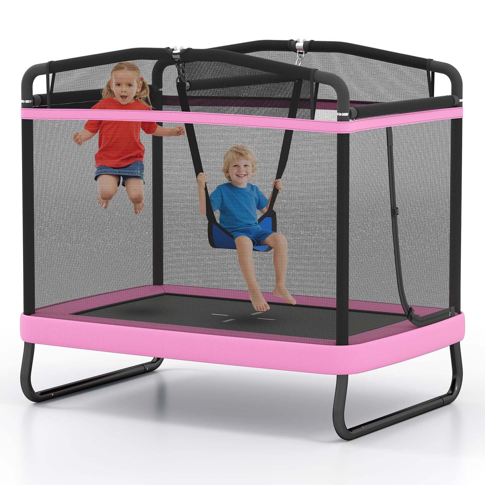 GYMAX Trampoline for Kids, 70    Toddler Rebounder with Detachable Swing, Horizontal Bar & All-Round Enclosure Net, ASTM Approve