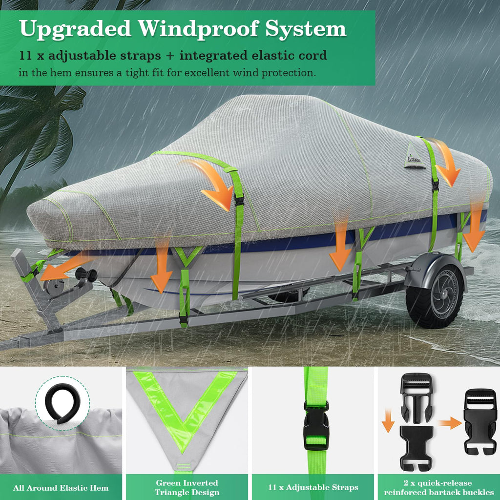 Uirway 1200D Waterproof 14-15.8Ft Boat Winter Cover, Heavy Duty Uv Resistant Thickened Fabric V Hull Bass Boat Cover With Reflec