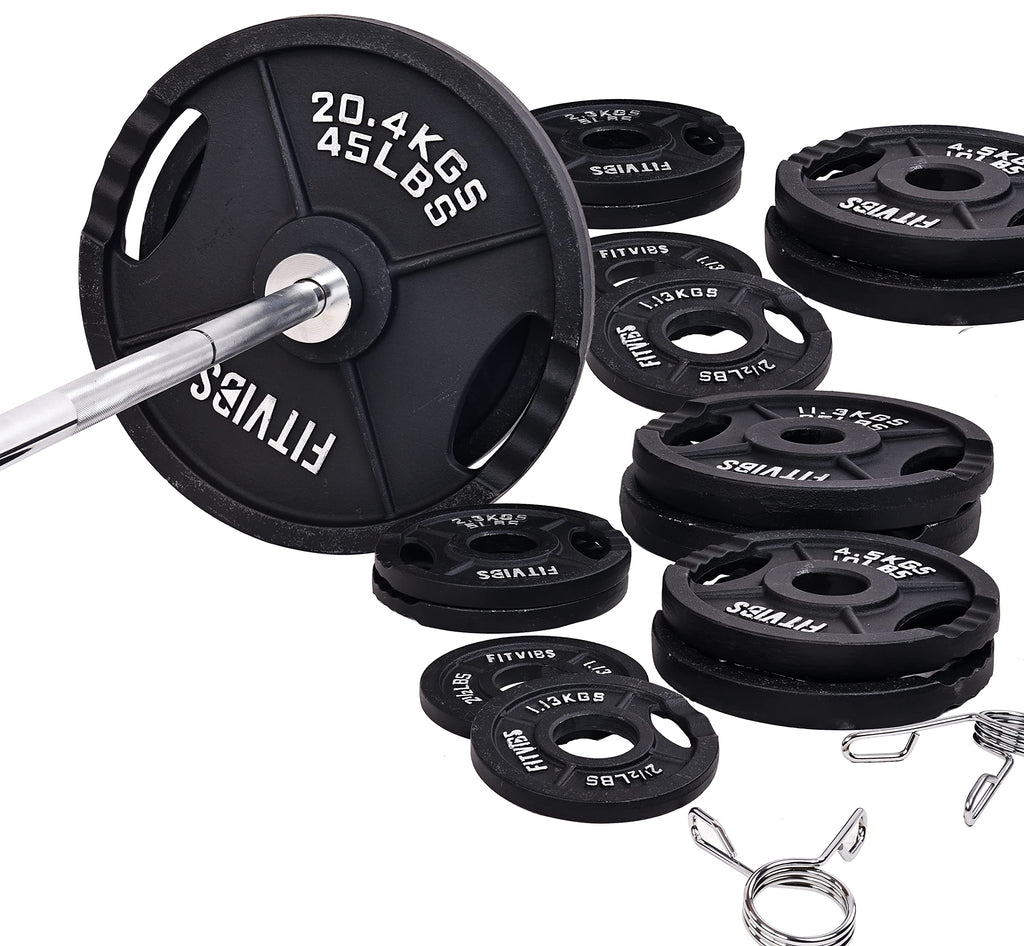 Signature Fitness Cast Iron Olympic 2-Inch Weight Plates Including 7FT Olympic Barbell, 325-Pound Set (280 Pounds Plates + 45 Po