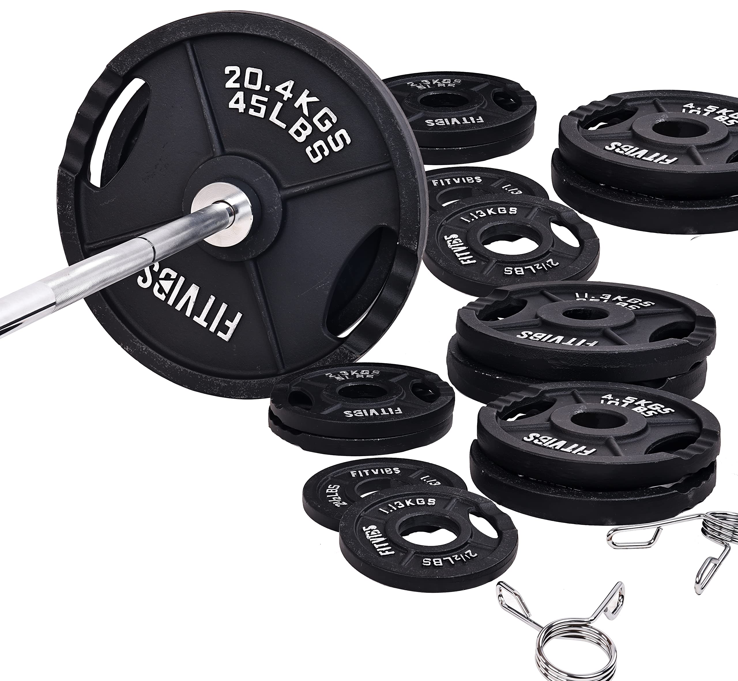 Signature Fitness Cast Iron Olympic 2-Inch Weight Plates Including 7FT Olympic Barbell, 325-Pound Set (280 Pounds Plates + 45 Po