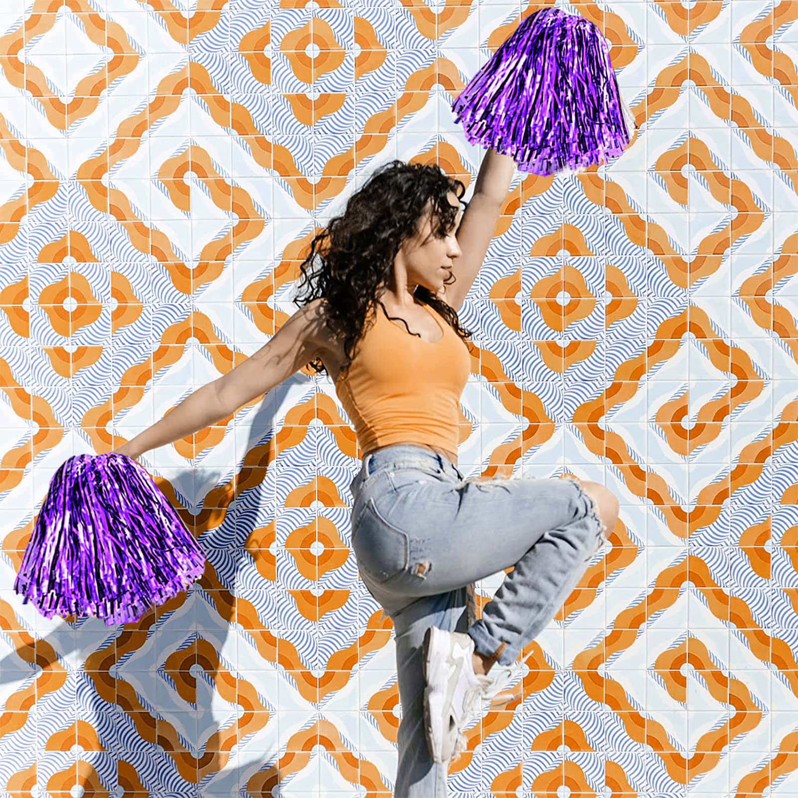 Dilibra 24 Pcs Metallic Cheerleading Pom Poms For Kids, Shiny Cheerleaders Cheer Pompoms With Baton Handle, Cheering Squad Hand
