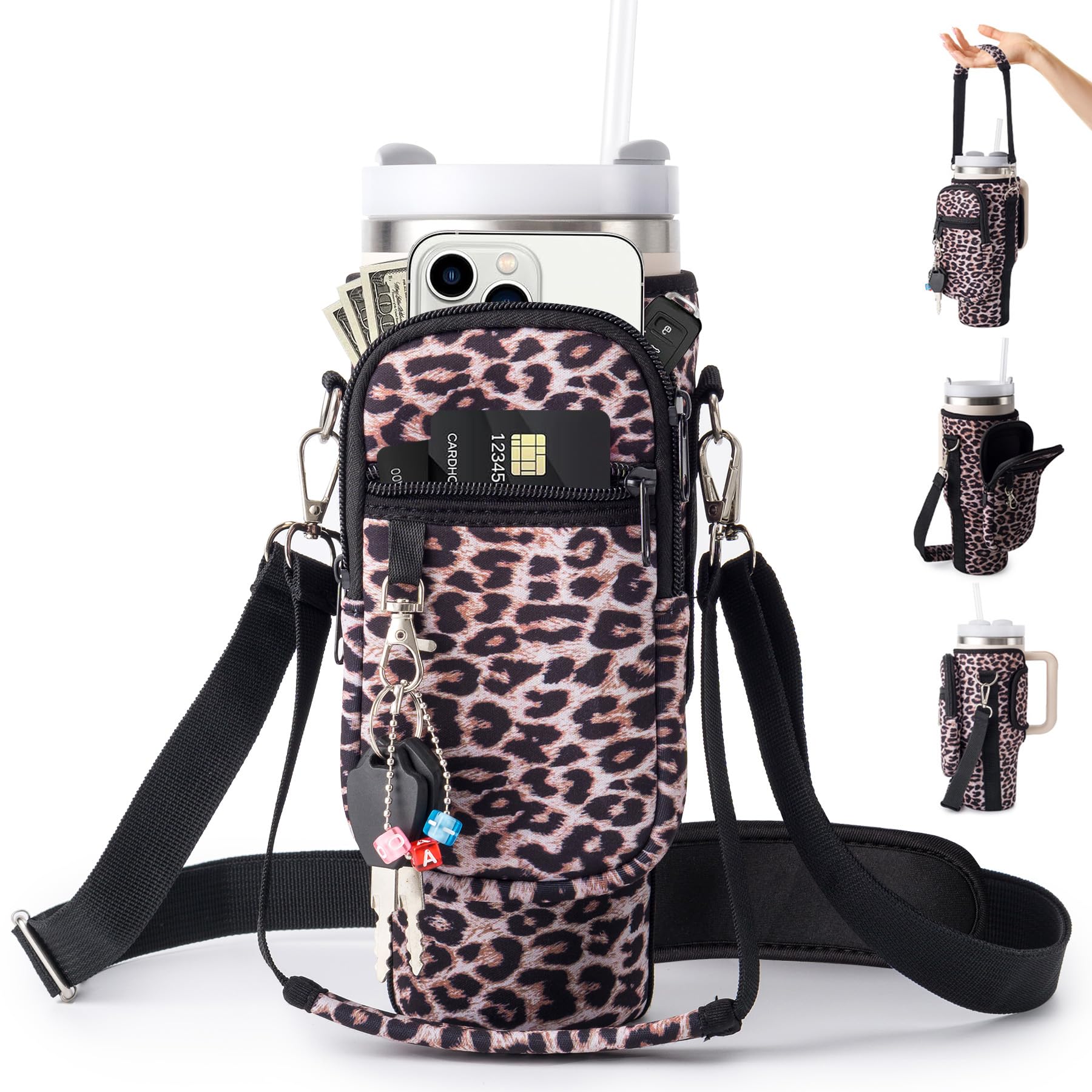 Water Bottle Carrier Bag With Phone Pocket For Stanley Cup 40/30Oz,Insulated Neoprene Water Bottle Holder Cross-Boday Bag With A