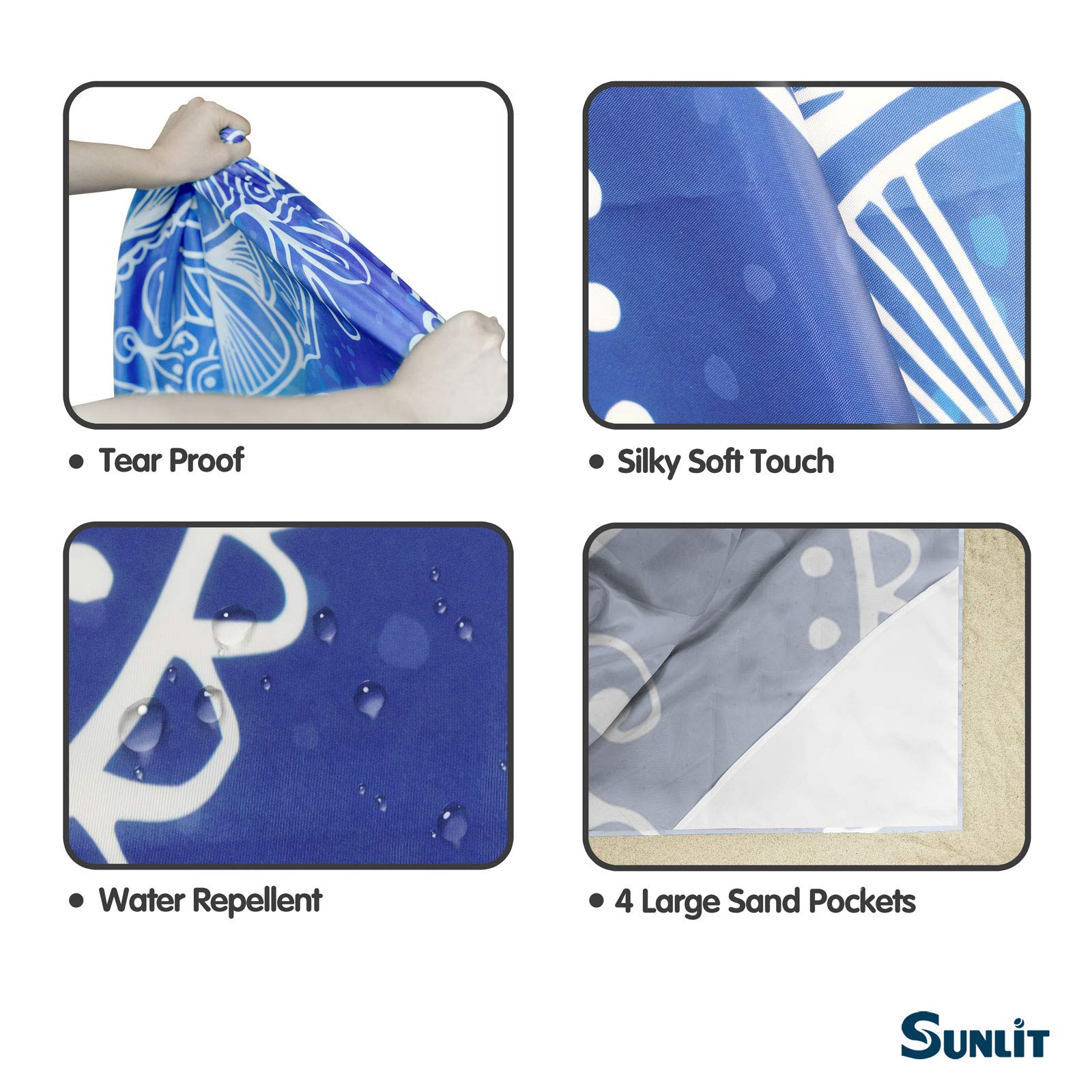 Sunlit Silky Soft 106''X81'' Boho Sand Proof Beach Blanket Sand Proof Mat With Corner Pockets And Mesh Bag For Beach Party, Trav