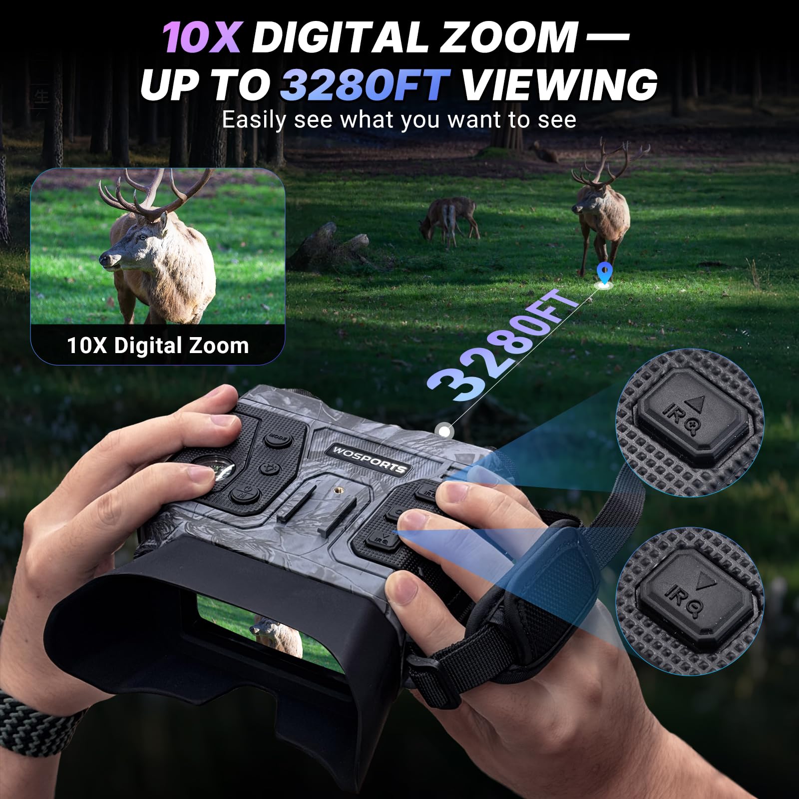 WOSPORTS 4K Night Vision Goggles with 48MP Photo, 3280ft Full Color Vision, 1300ft IR Distance, 3 HD Screen, 10X Optical Zoom, 5