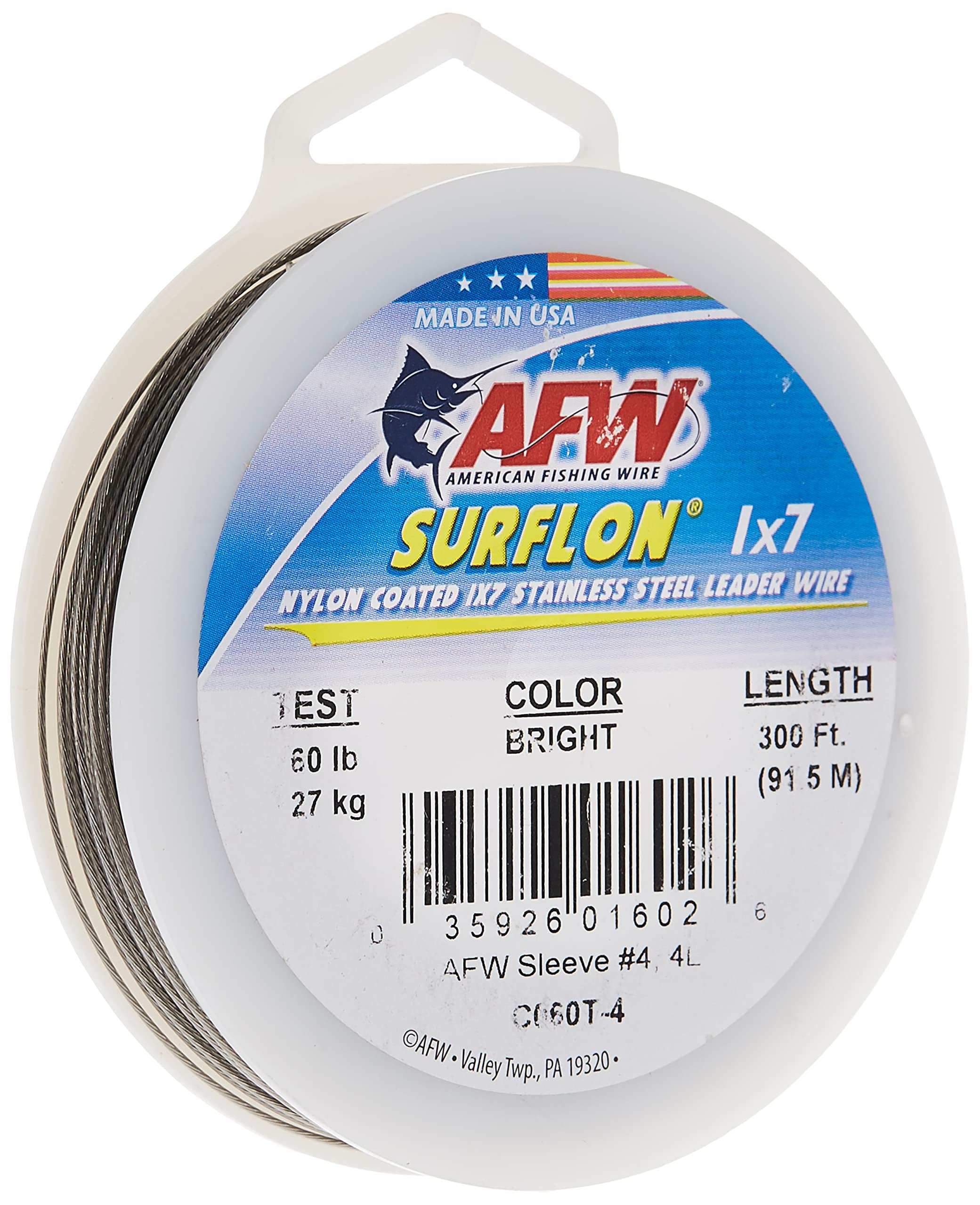 American Fishing Wire Surflon, Nylon Coated 1X7 Stainless Steel Leader Wire, 60 Lb Test, .032 Diameter, Bright, 300 Ft