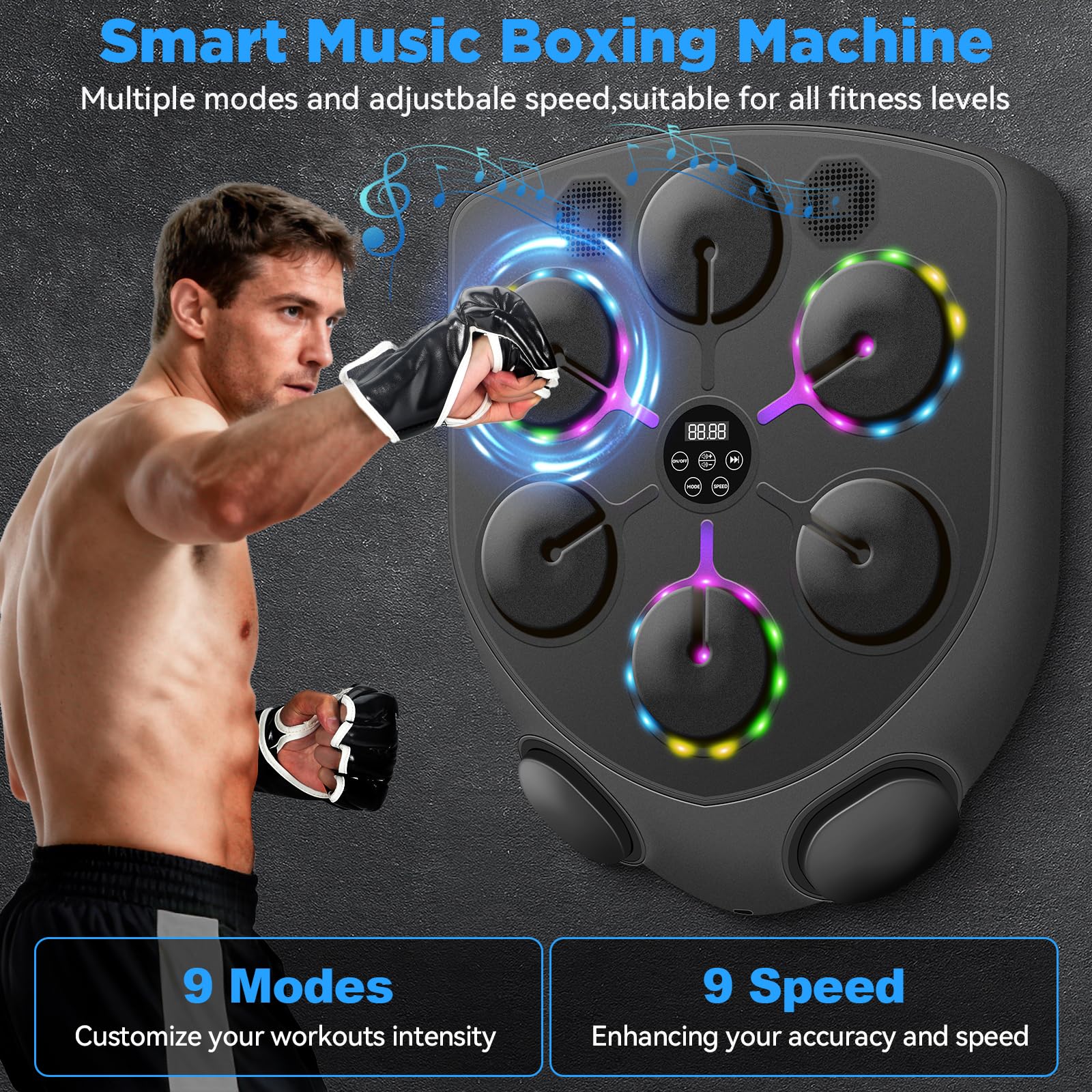 JUOIFIP Music Boxing Machine,Smart Boxing Machine for Adults with Boxing Gloves,9 Modes & 9 Speeds Wall Mounted Music Punching M